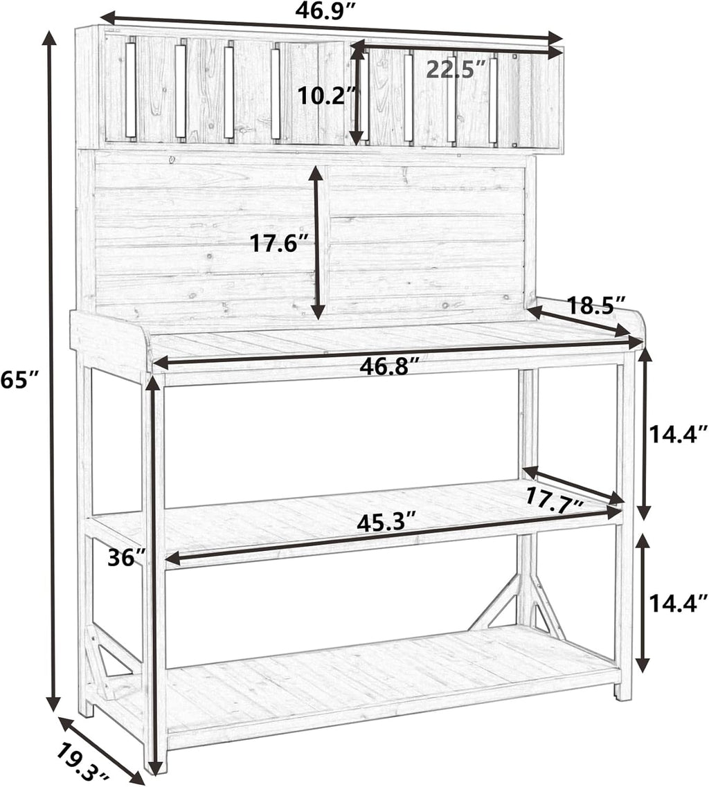 Outdoor Potting Bench Table with Storage, Farmhouse Wood Garden Tables with Storage Shelves and Side Hooks, Potting Tables for Outside, Patio, Backyard, Easy Assembly, Dark Green