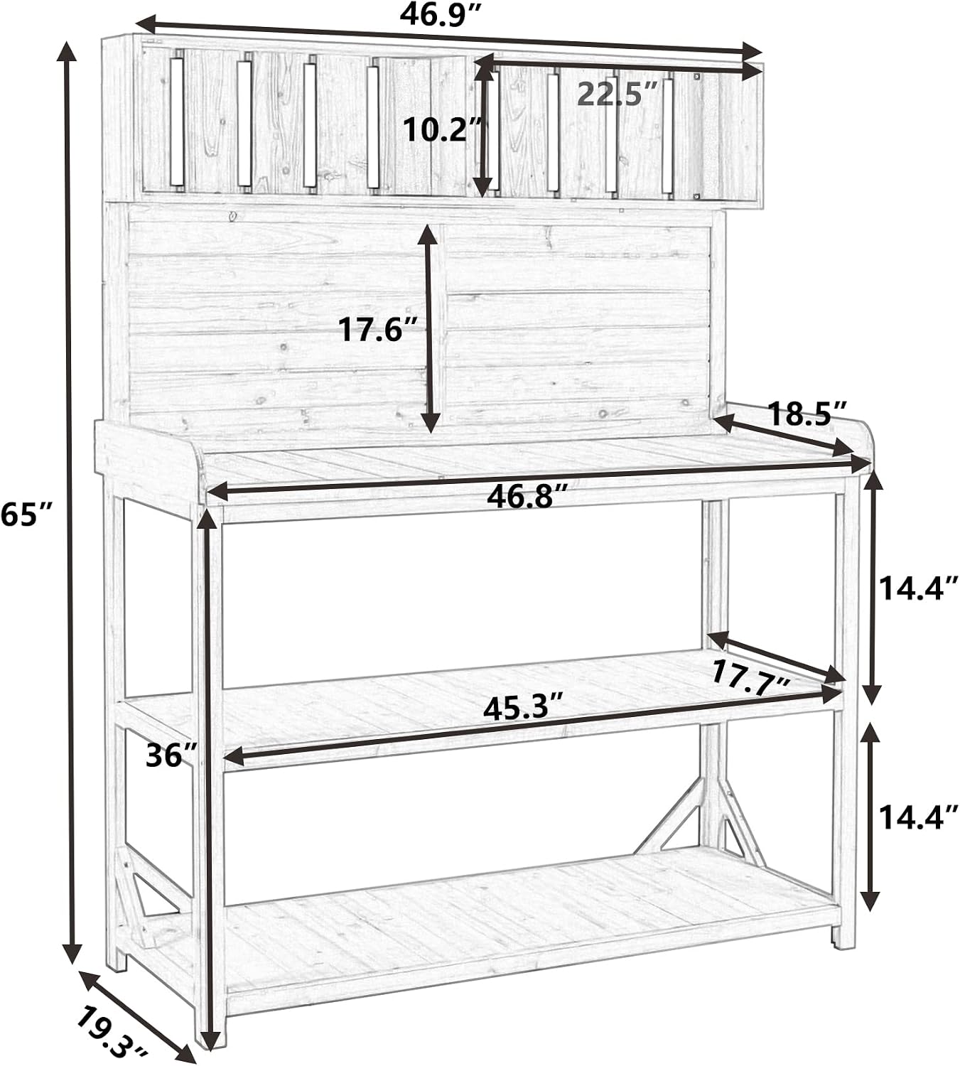 Farmhouse Rustic Outdoor Potting Bench Table, 65' Large Wooden Garden Potting Bench with 4 Storage Shelves and Side Hook, Spacious Patio Workstation