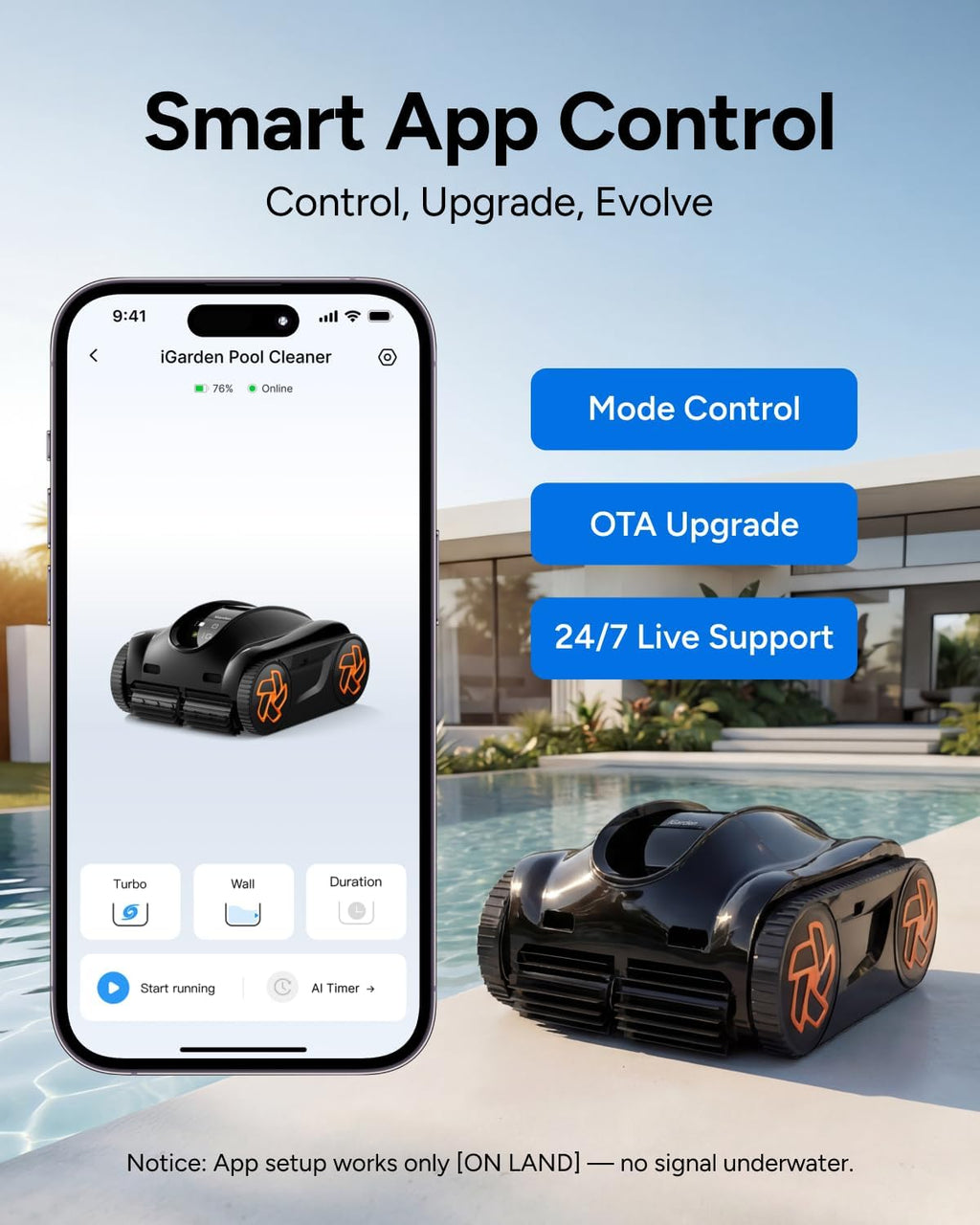iGarden Robotic Pool Cleaner K90, 9H Runtime Cordless Pool Vacuum Robot, Turbo 200% Suction, Smart 3D Navigation, Touchscreen, for In-Ground & Above Ground Pools, Black