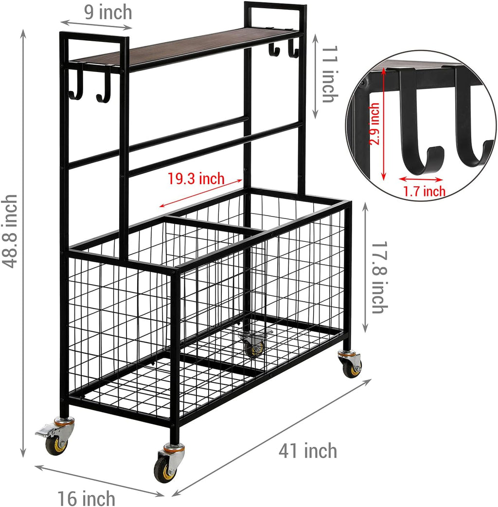 MyGift Sports Equipment Organizer, Garage Ball Storage for Indoor and Outdoor, Garage Organizer for Sports Gear and Toys, Rolling Ball Cart with Baskets, 16' D x 41' W x 49' H
