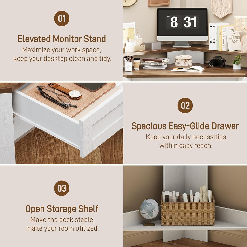 Corner Desk, Triangle Computer Desk Home Office Workstation with Drawer and Monitor Stand for Small Spaces Farmhouse Corner Vanity Table for Bedroom Study, Living Room (Rustic White and Brown)