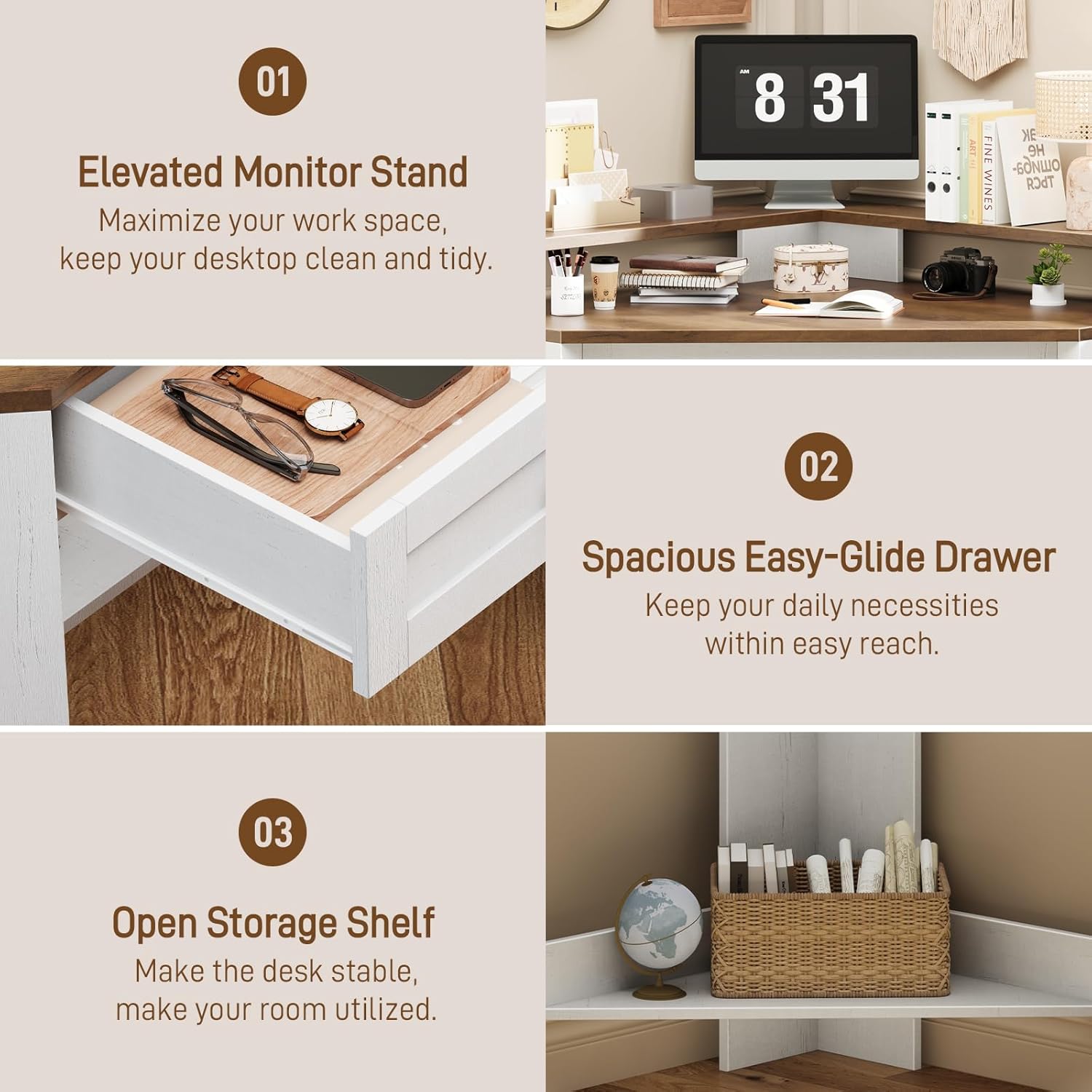 Corner Desk, Triangle Computer Desk Home Office Workstation with Drawer and Monitor Stand for Small Spaces Farmhouse Corner Vanity Table for Bedroom Study, Living Room (Rustic White and Brown)