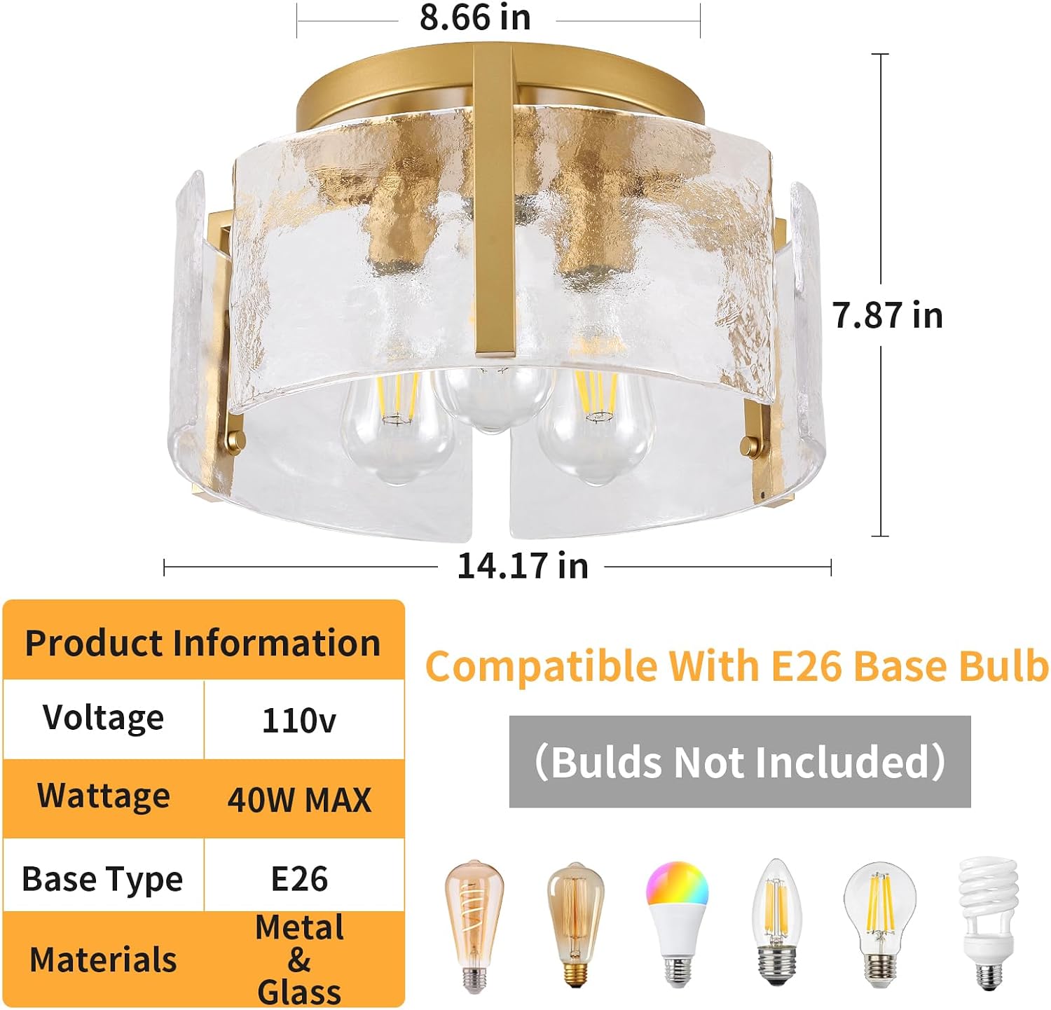 Gold Semi Flush Mount Ceiling Light Fixture, 14-Inch Farmhouse Modern Flush Mount Light Glass Drum Lights Foyer Lighting Fixtures for Kitchen Entryway Hallway Laundry Room Bedroom Bathroom