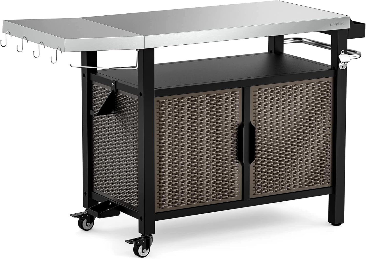 onlyfire 53-Inch Rolling Kitchen Island Cart with XL Stainless Steel Top & Rattan Texture Cabinet, Heavy-Duty Outdoor Dining Cart with Side Shelf, Propane Tank Holder, Spice Rack, Wheels for Patio