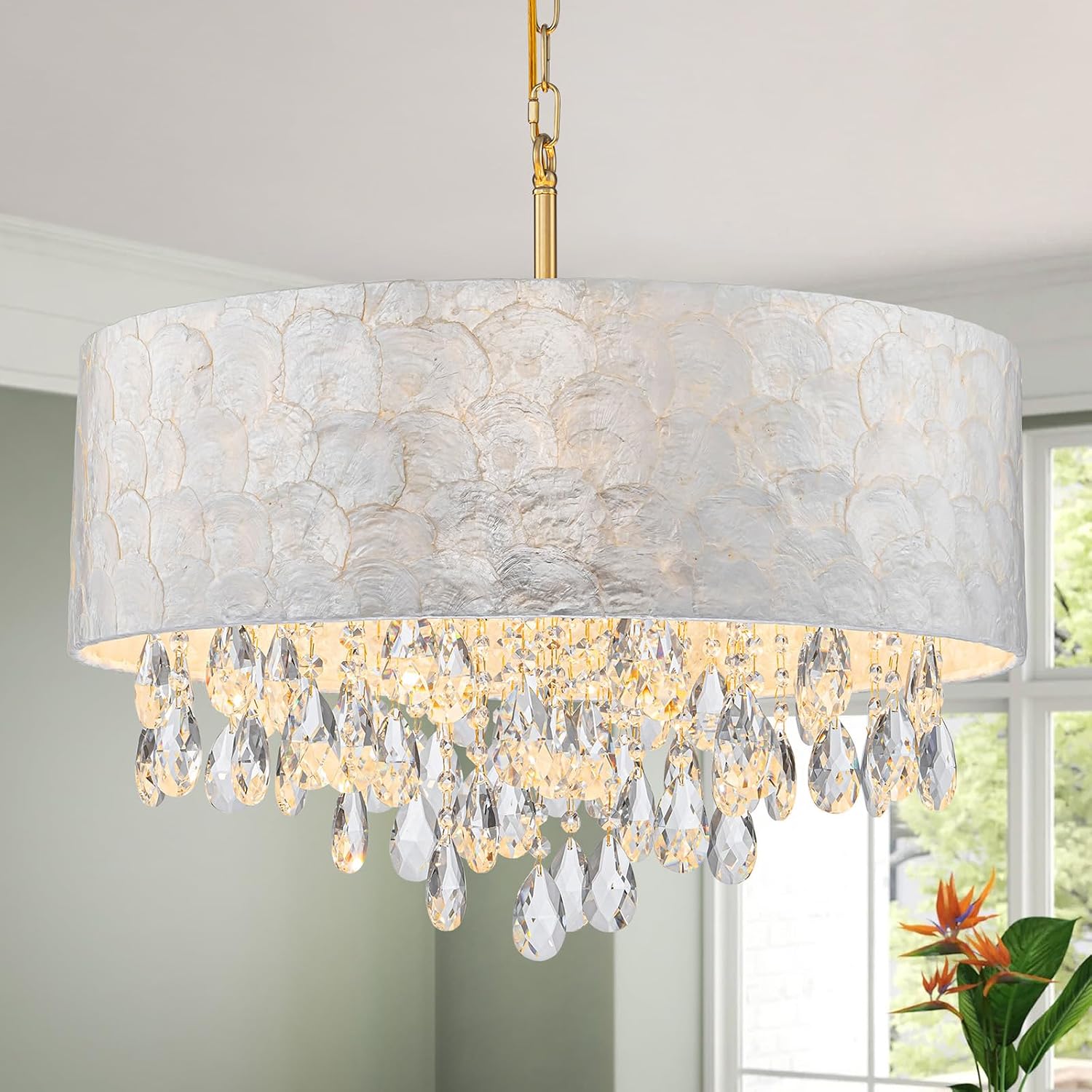 LumFurn X-Large D24in Drum Capiz Shell Crystal Chandeliers, 6-Light Coastal Style Light Fixture for Dining Room, Living Room, D24xH23~71in(Adjustable), K9 Crystal, Shell Lampshade & Gold Finish