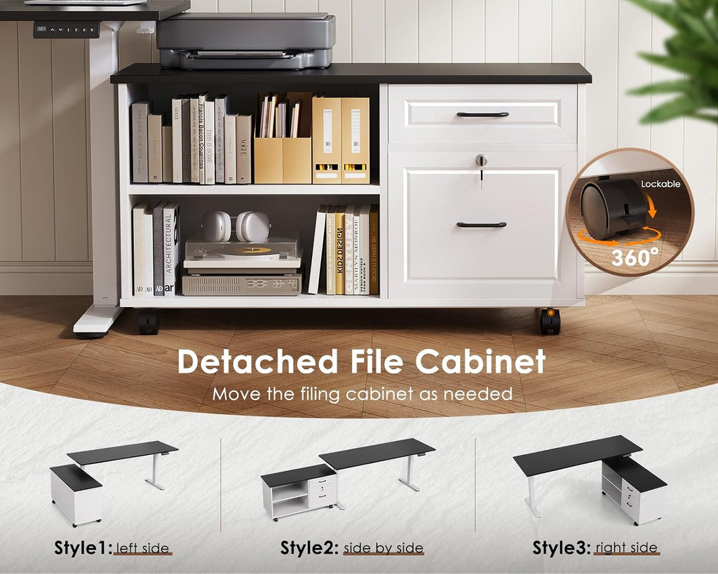 OffiGo 55 Inch L Shaped Electric Standing Desk with Drawers & File Cabinet Sets, Executive Sit Stand Desk, Height Adjustable Computer Desk for Home Office, Writing, Workstation, Black+White