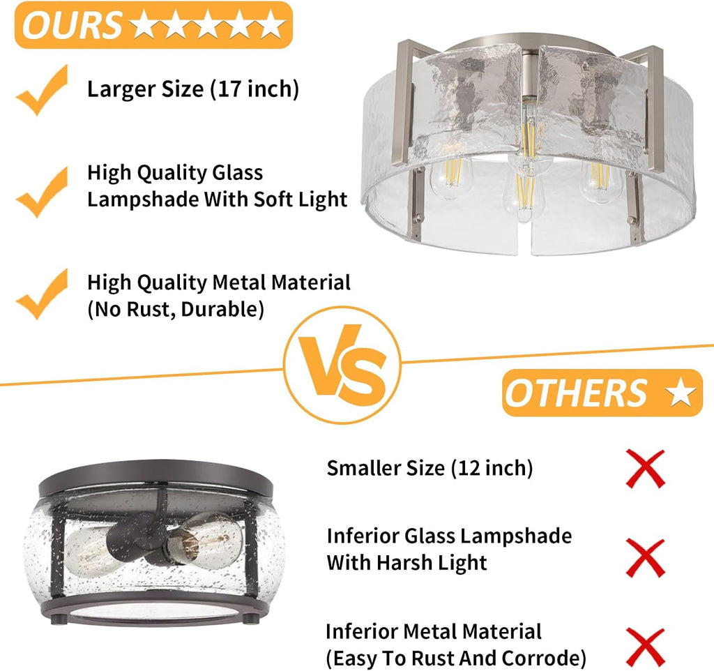 Nickel Semi Flush Mount Ceiling Light Fixture, 17.7-Inch Glass Drum Flush Mount Light Modern Foyer Lighting Fixtures Farmhouse Kitchen Lights for Entryway Hallway Bathroom Laundry Room Bedroom