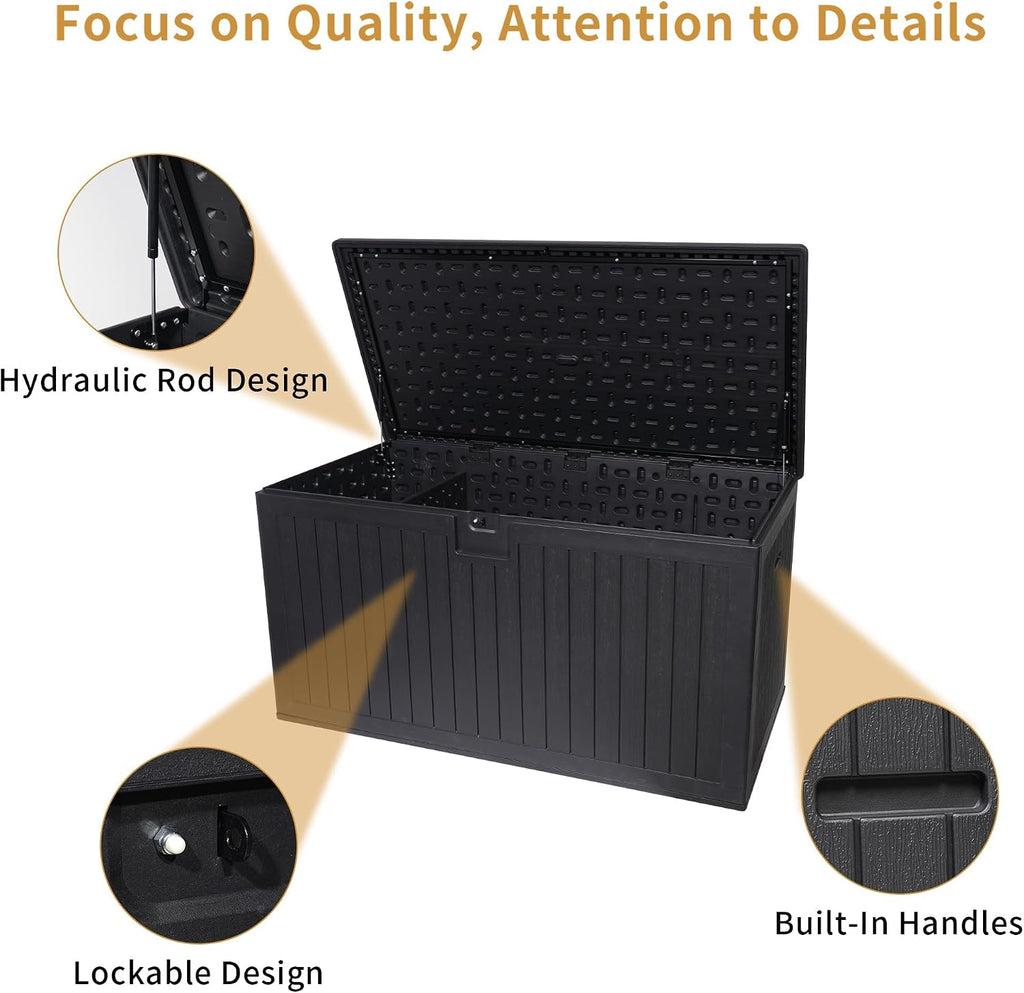 230 Gallon Deck Box Waterproof, Outdoor Storage Box Waterproof Lockable with Divider and Lifter Prevent Water Seeping into from Floor for Patio Cushions