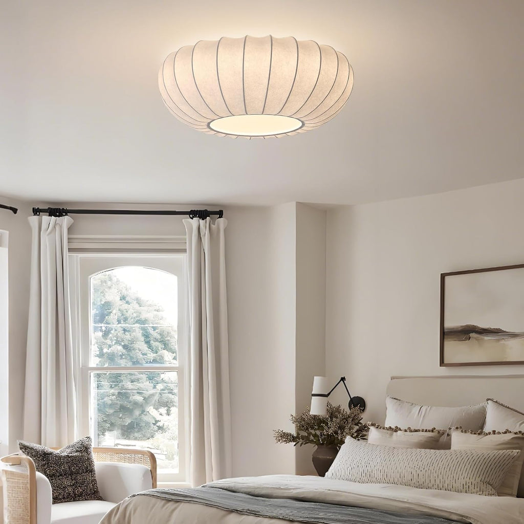 Mid Century Modern White Silk Shade Semi Flush Ceiling Light Japanese Style Drum Fabric Ceiling Light Large Boho Chandelier Light Fixture (20 Inches)