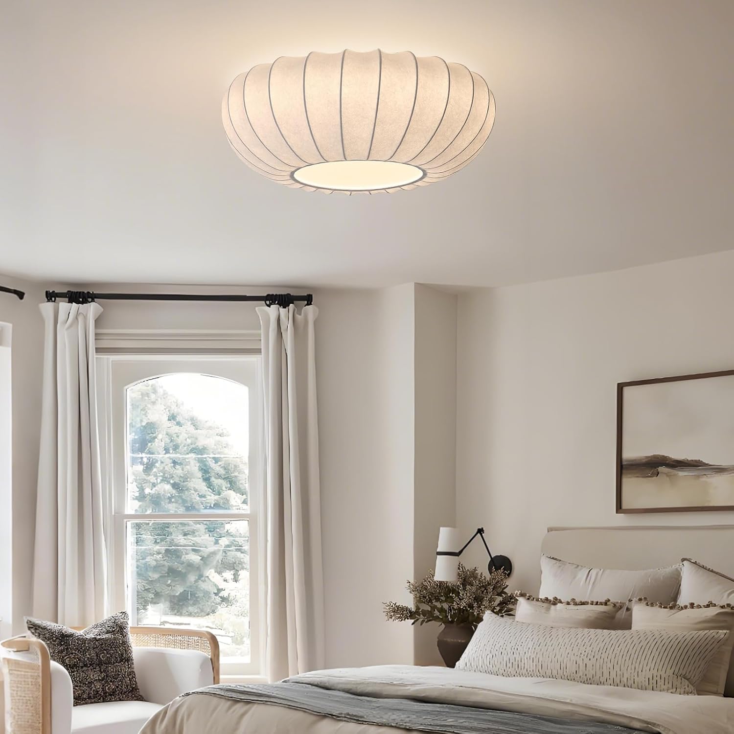 Mid Century Modern White Silk Shade Semi Flush Ceiling Light Japanese Style Drum Fabric Ceiling Light Large Boho Chandelier Light Fixture (20 Inches)