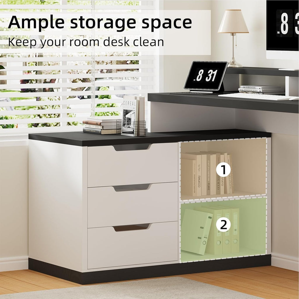 MaverickFurni Modern L Shaped Desk with Drawers, 71 Inch Home Office Desk with File Cabinet and Printer Shelf, Wood Computer Desk with File Drawers and Monitor Stand, White and Black