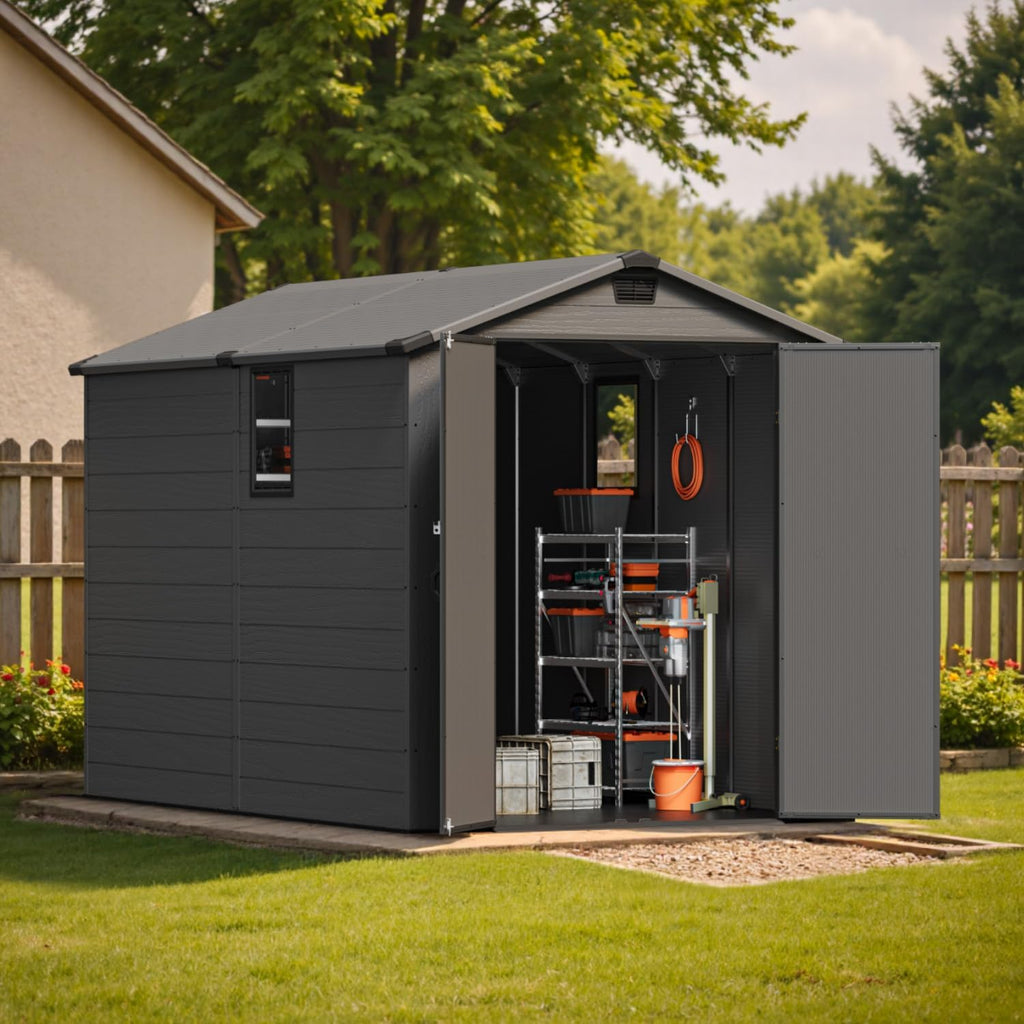 Patiowell 6x10FT Outdoor Storage Shed with Floor,Resin Garden Shed with Lockable Door and Window, Backyard Storage (Dark Grey)
