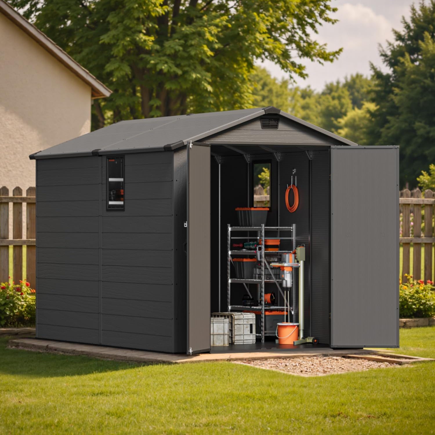 Patiowell 6x10FT Outdoor Storage Shed with Floor,Resin Garden Shed with Lockable Door and Window, Backyard Storage (Dark Grey)