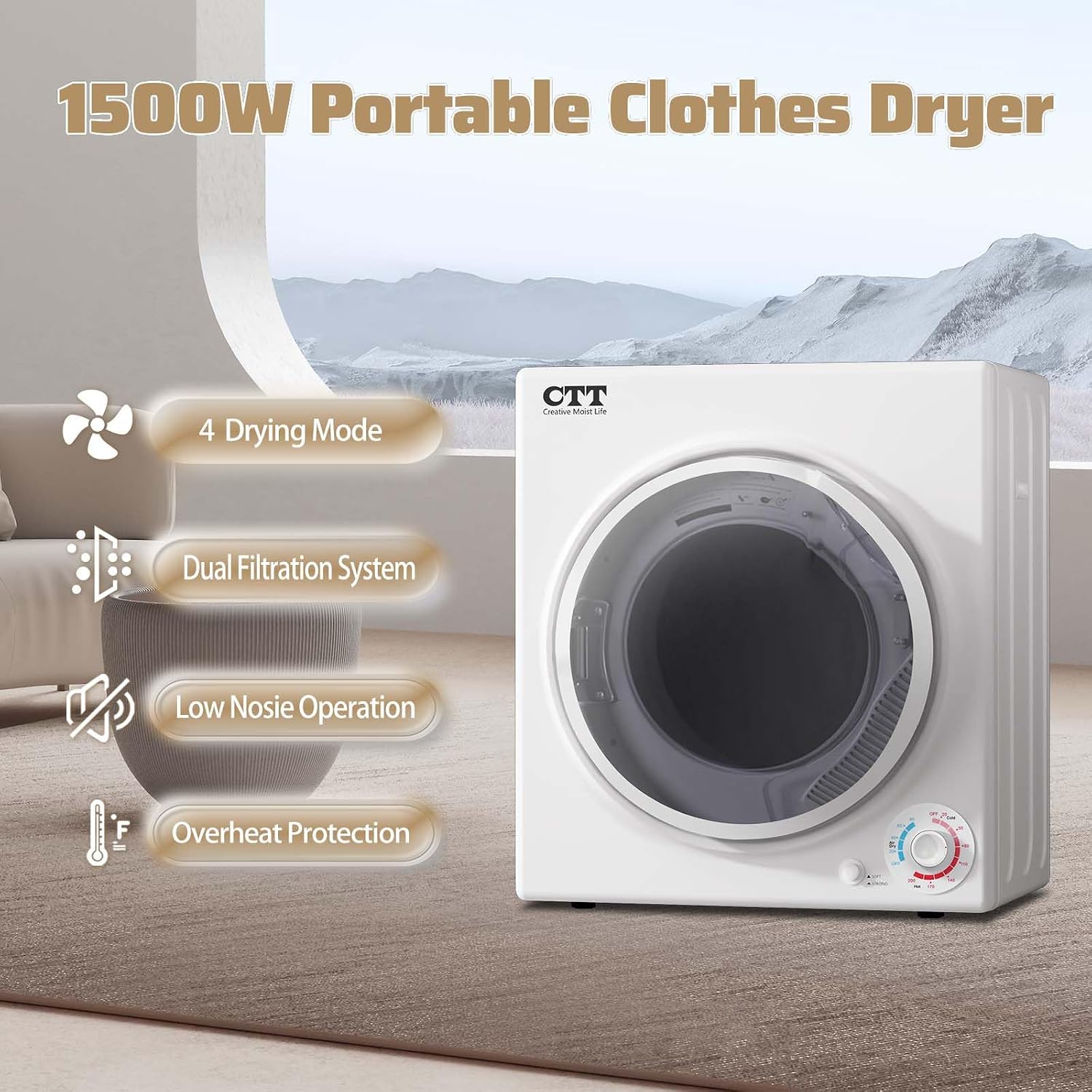 CTT Portable Clothes Dryer 3.5 cu.ft, 110V Laundry Dryer with Stainless Steel Tub, 4 Drying Mode, Portable Dryers for Laundry, Apartments, RVs, Dorms, 1500W