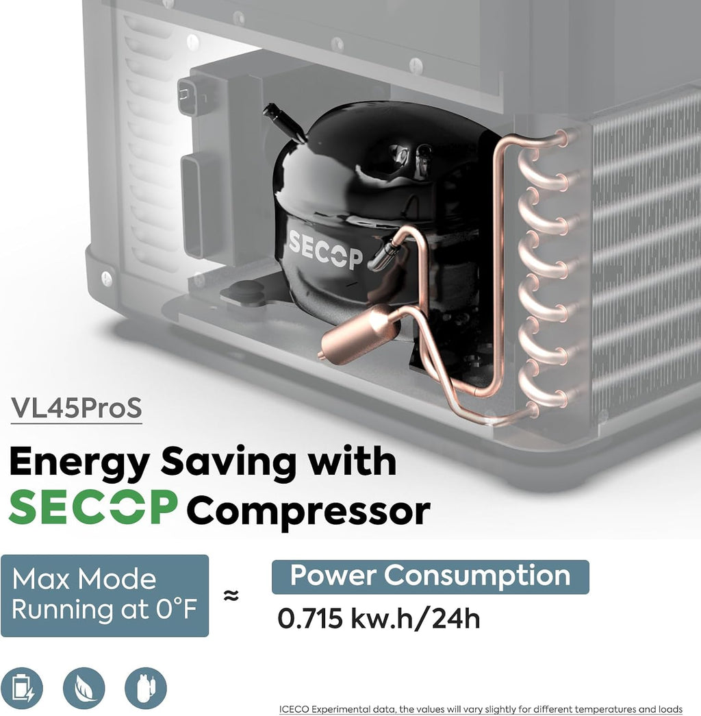 ICECO VL45 ProS 12 Volt Refrigerator with Multi-directional Lid, 45L Portable Fridge Freezer with SECOP Compressor, 0℉-50℉, Dual USB & DC, AC, for Outdoor, Car, RV, Travel |With BC75 Beach Chair Black