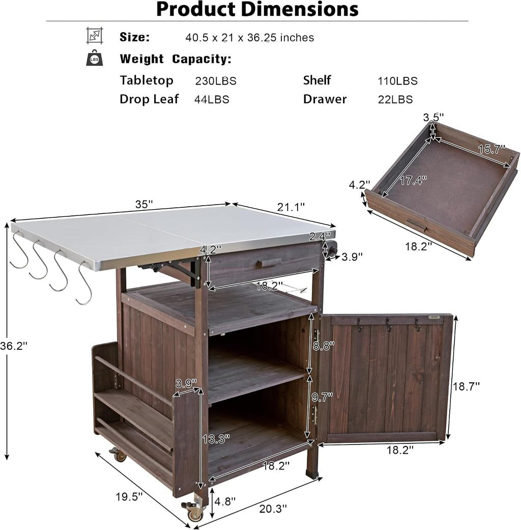 40.5' Outdoor Grill Cart with Stainless Steel Top, Solid Wood Outdoor Storage Cabinet with Drop Leaf, One Drawer, Towel Rack, Rolling Kitchen Cart with Lockable Wheels for Lawn Garden, Brown