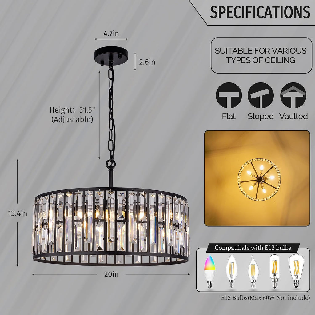 Wellmet Black Crystal Chandeliers, 5 Lights Modern Round Dining Room Ceiling Light Fixture, Farmhouse Drum Chandelier for Living Room, Bedroom, Bathroom, Kitchen, Foyer, Entryway, Hallway, W-20in
