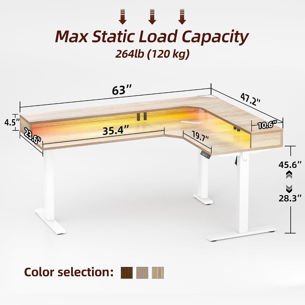 TIQLAB 63'' L-Shaped Standing Desk with LED Light Strip and Power Outlet, Height Adjustable Corner Table with Ergonomic Monitor Stand, Maple