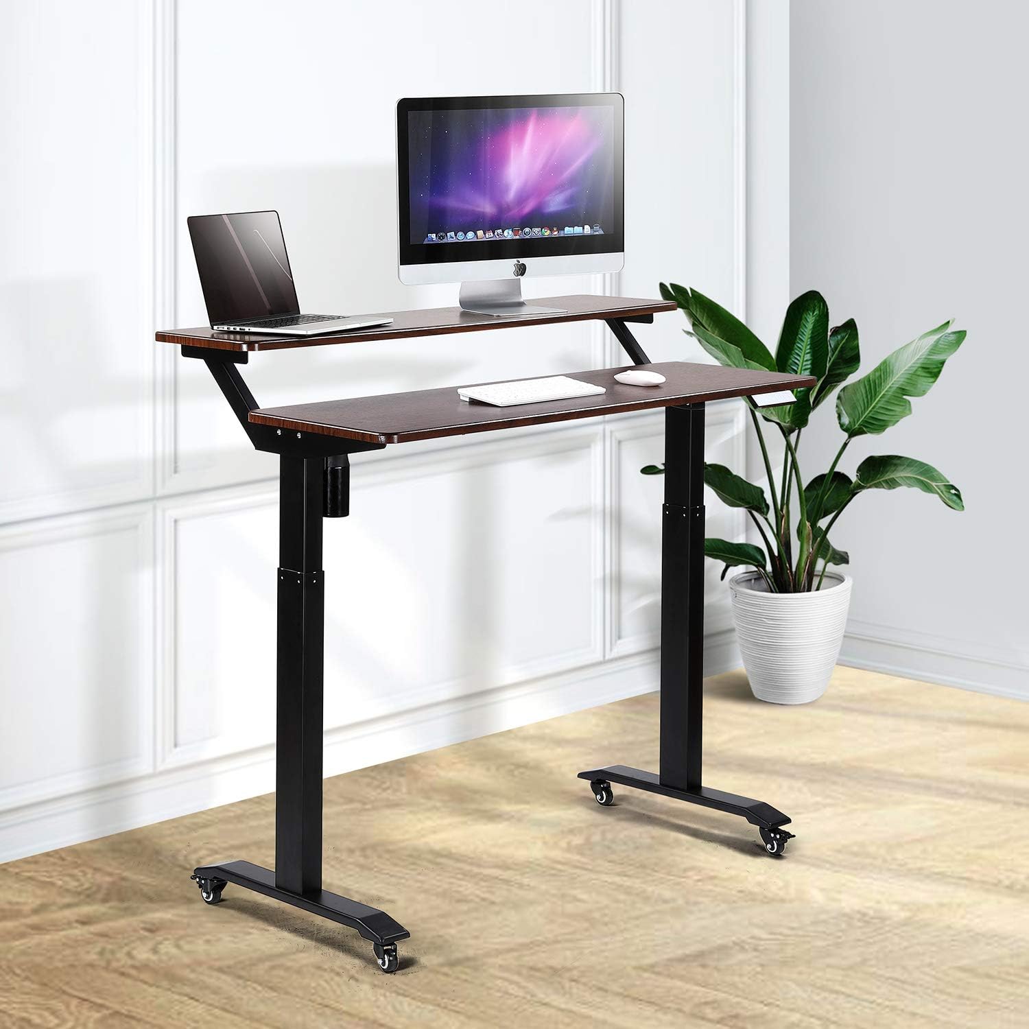 UNICOO Electric Height Adjustable 2-Tier Raising Desk with Wheels, Mobile Standing Desk with Monitor Stand, Ergonomic Adjustable Computer Table, Electric Standing Game Table for Home Office
