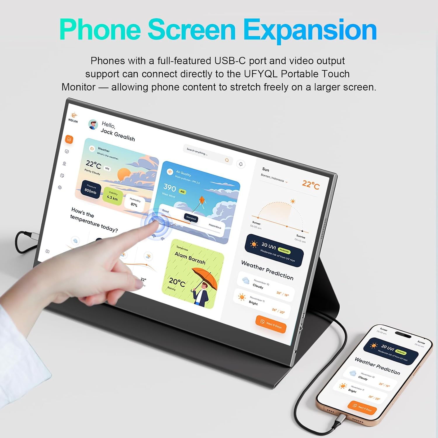 UFYQL Touchscreen Portable Monitor 15.6-Inch, 1080P FHD IPS Display with Magnetic Case, HDMI & USB-C Plug&-Play, Laptop External Monitor for Laptop, MacBook，PC