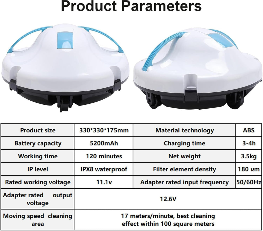 Professional Automatic Pool Cleaning Machine, Cordless Pool Vacuum Robot, with Dual Motor, 5200mAh Battery Self-Parking