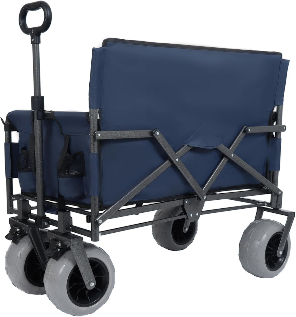 3-in-1 Folding Wagon with Bench Seat – 500lbs Capacity,Reinforced Carbon Steel Frame, 180L Cargo Space– Perfect for Camping, Beach, Outdoor Events & Heavy-Duty Hauling (Blue + Cup Holder)