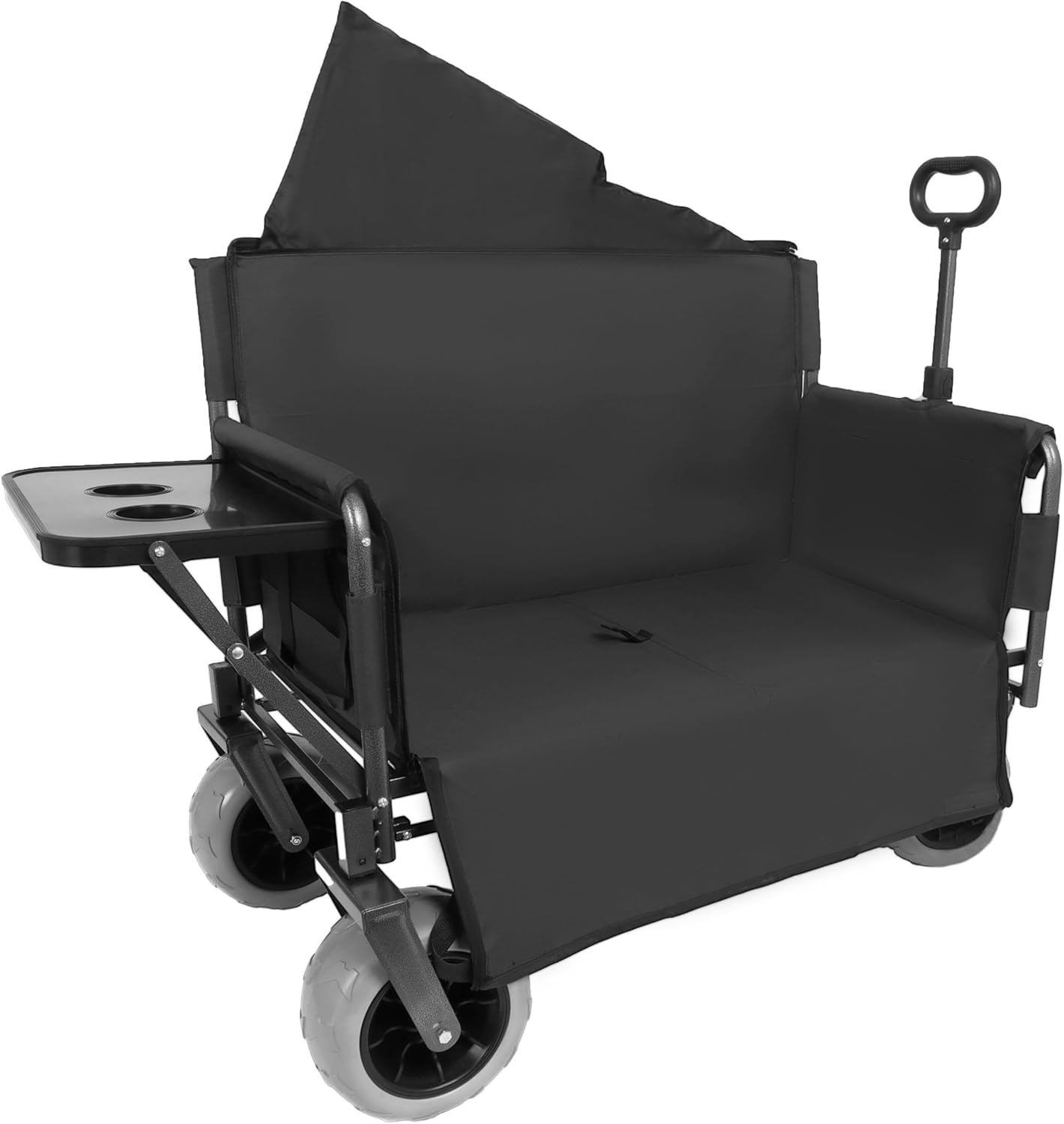 3-in-1 Folding Wagon with Bench Seat – 500lbs Capacity,Reinforced Carbon Steel Frame, 180L Cargo Space– Perfect for Camping, Beach, Outdoor Events & Heavy-Duty Hauling (Black + Cup Holder)