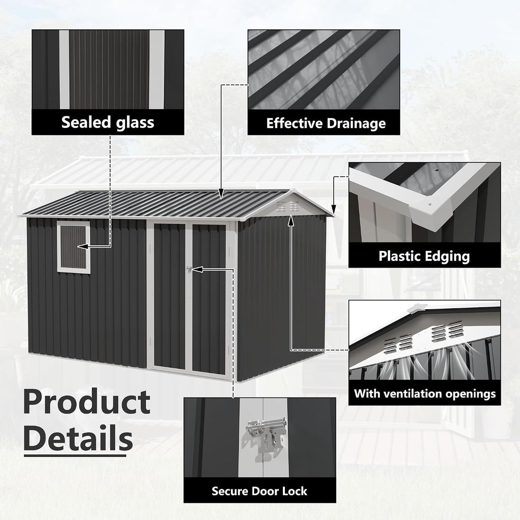 KEIKI 9x6 FT Metal Storage Shed with Window, Large Outdoor Backyard Shed for Tools & Equipment, Durable Galvanized Steel Garden Shed for Patio or Tiny House Use, Gray