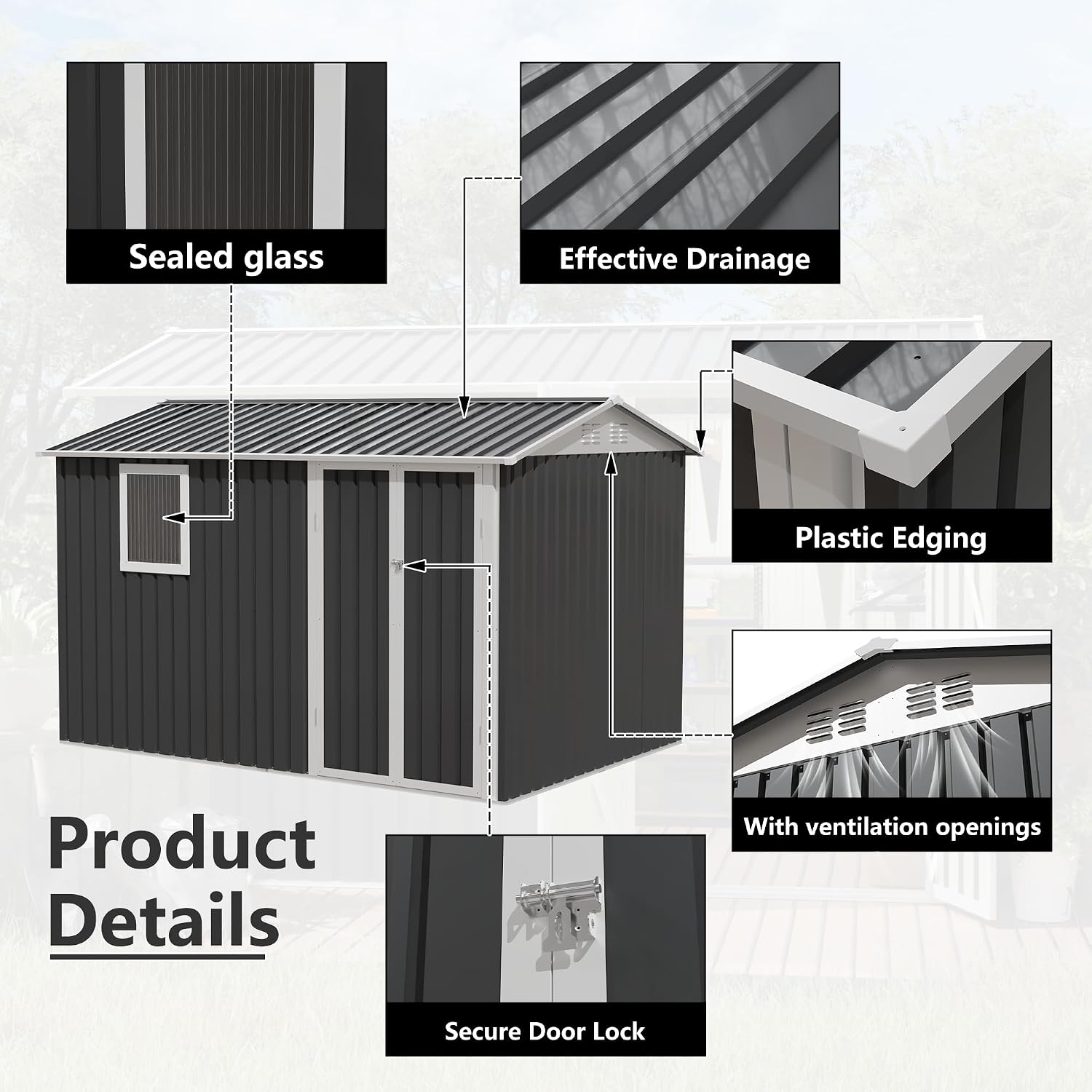 KEIKI 9x6 FT Metal Storage Shed with Window, Large Outdoor Backyard Shed for Tools & Equipment, Durable Galvanized Steel Garden Shed for Patio or Tiny House Use, Gray