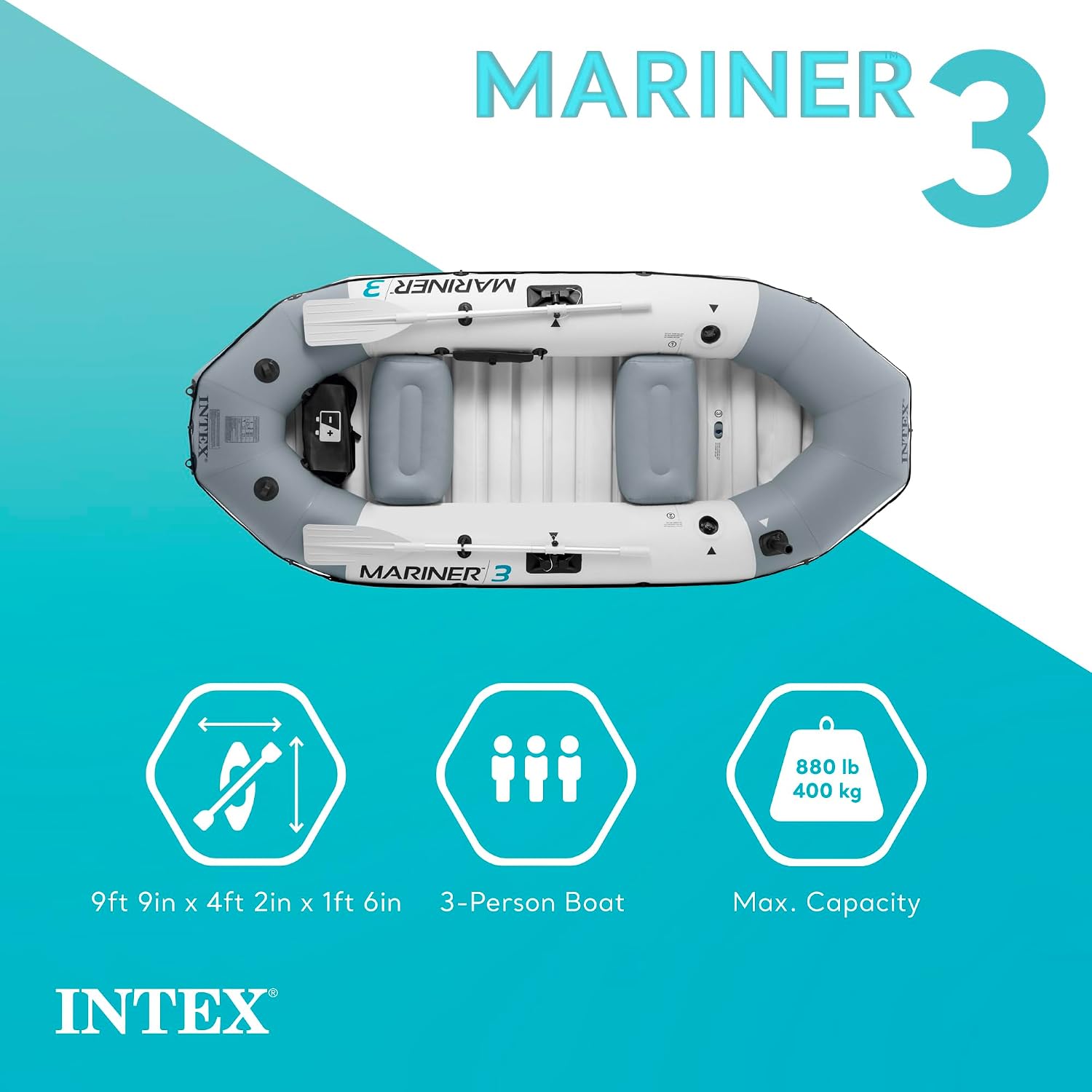 INTEX Mariner Inflatable Boat Series: Includes Deluxe Boat Oars and High-Output Pump – SuperTough PVC – Wear-Resistant Keel – Removable Fishing Rod Holders – Heavy Duty Grab Handle