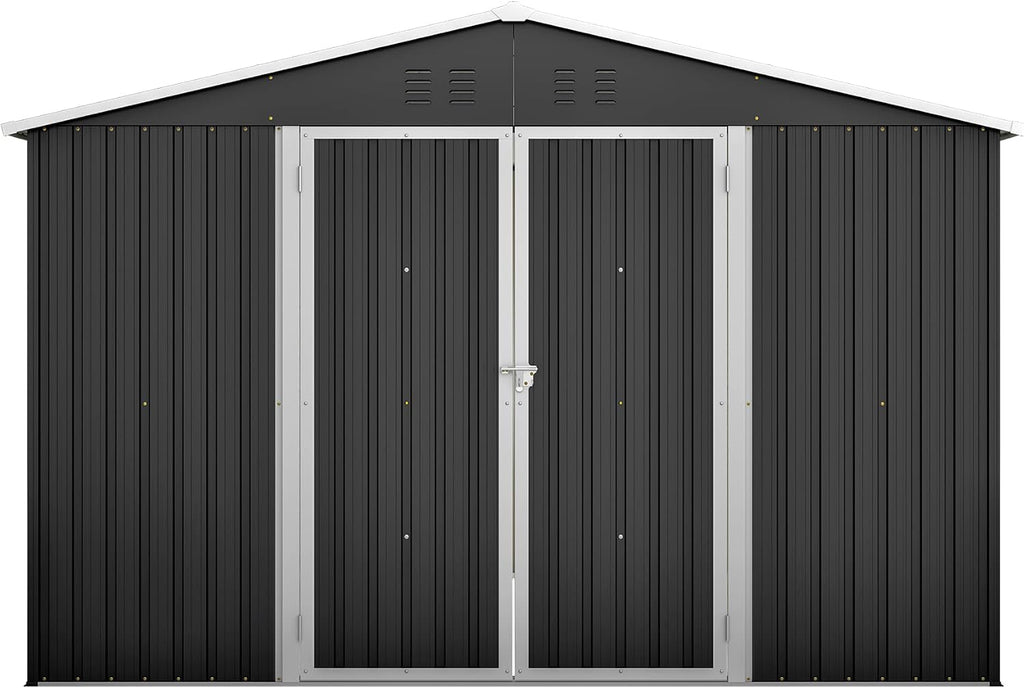 YOPTO 10 x 10 FT Outdoor Storage Shed,Heavy Duty Tool Sheds Metal Storage Garden Shed with Sloped Roof and Lockable Doors,Large Metal Storage Sheds for Backyard Patio Lawn, Black