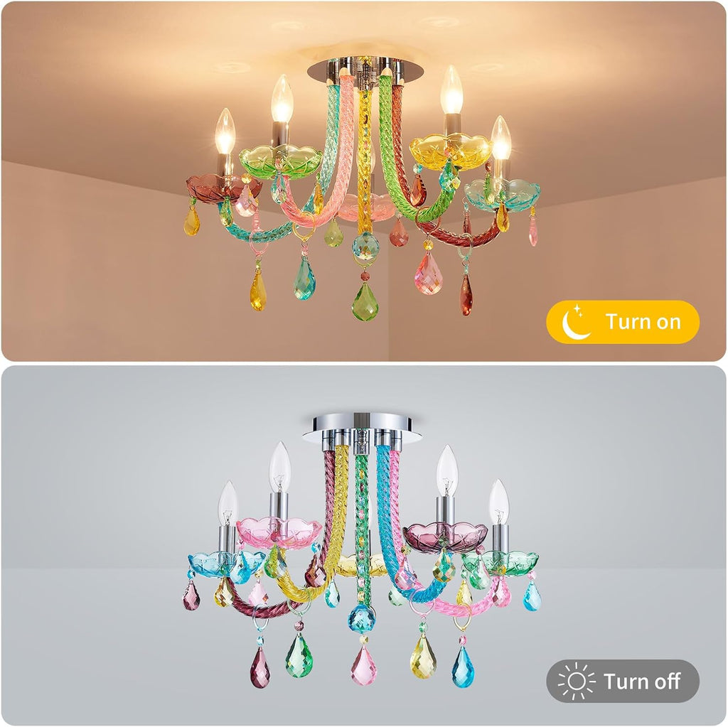 5-Light Children Candle Chandeliers, Modern Candy Design Flushmount Light Fixture for Bedroom, Dining Room, Kitchen, Bathroom, D22×H16 inch, Clear Rainbow Color Finish & K9 Crystal