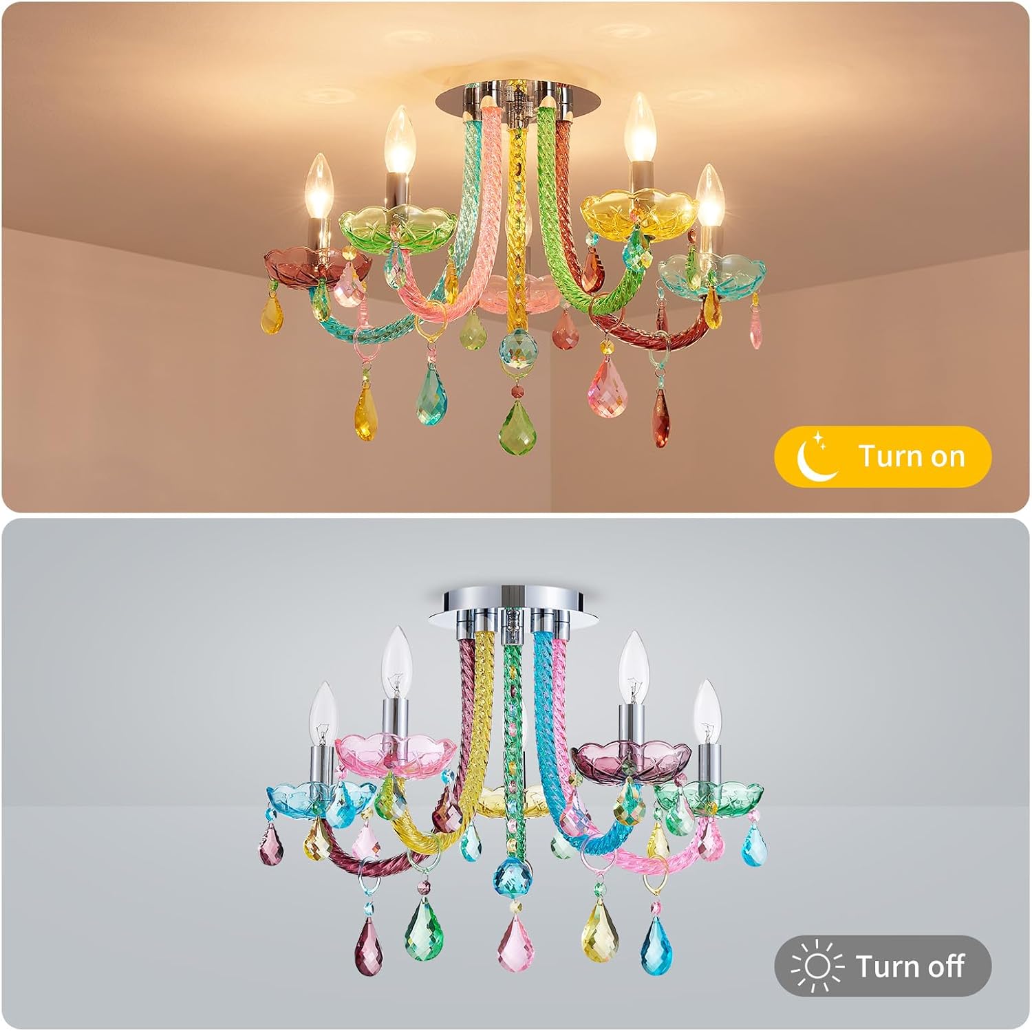 5-Light Children Candle Chandeliers, Modern Candy Design Flushmount Light Fixture for Bedroom, Dining Room, Kitchen, Bathroom, D22×H16 inch, Clear Rainbow Color Finish & K9 Crystal