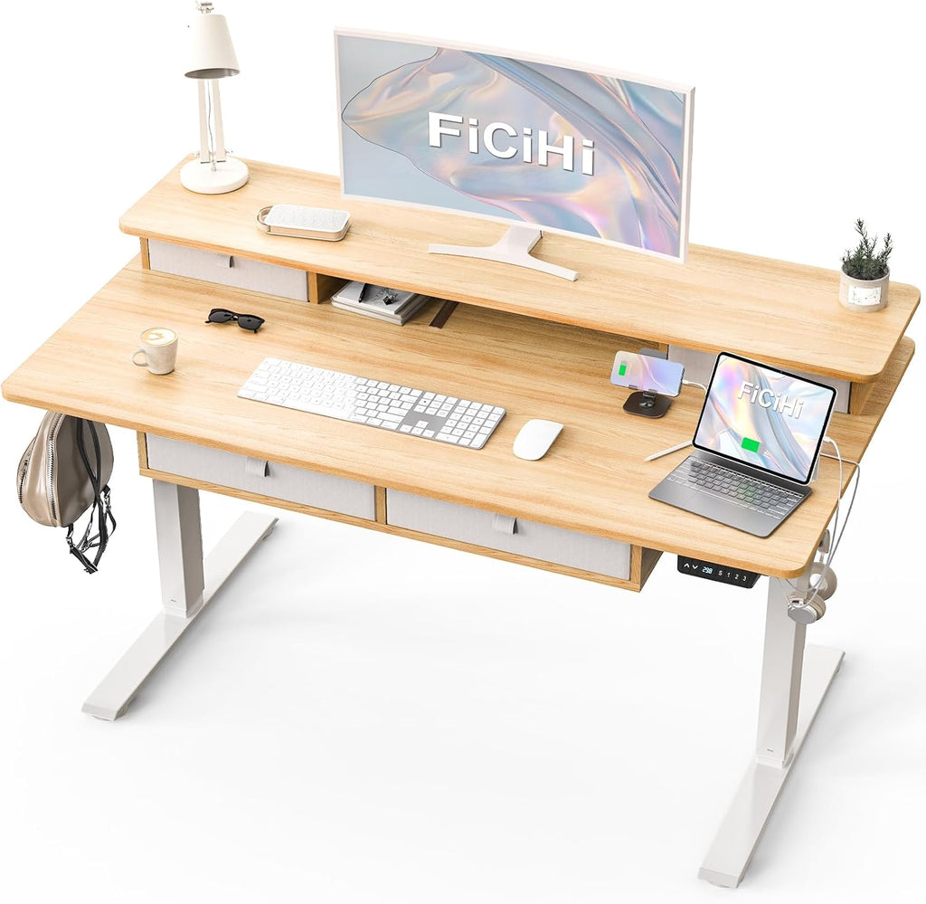 FiCiHi Adjustable Height Standing Desk with 4 Drawers,48 x 30 inches Electric Sit Stand Home Office Desk with Two Tiers, 3 Memory Presets, Monitor Stand Riser, USB A/C Charging Port