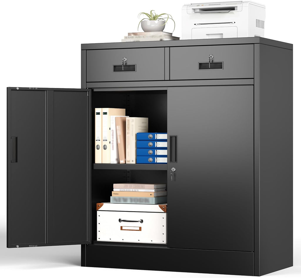 BESFUR Metal Storage Cabinet with Doors and Shelves, 36' H Locking Storage Cabinet with 2 Drawers, Reinforced Heavy Duty Metal Cabinets for Garage, Office, Home(Black)