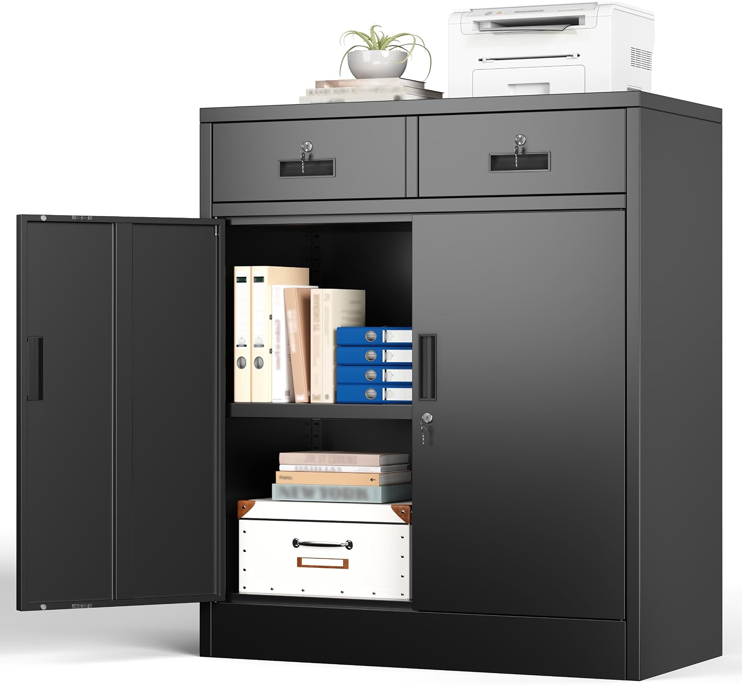 BESFUR Metal Storage Cabinet with Doors and Shelves, 36' H Locking Storage Cabinet with 2 Drawers, Reinforced Heavy Duty Metal Cabinets for Garage, Office, Home(Black)