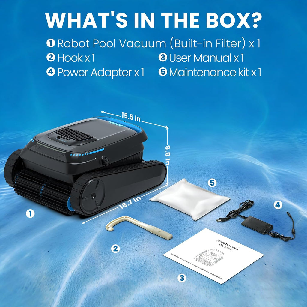 Robotic Pool Vacuum PC10, Cordless Pool Cleaner Robot for Inground & Above Ground Pools, Smart Navigation, 5000GPH Suction Power for Cleaning Floor, Wall & Waterline, Self-Parking, Black