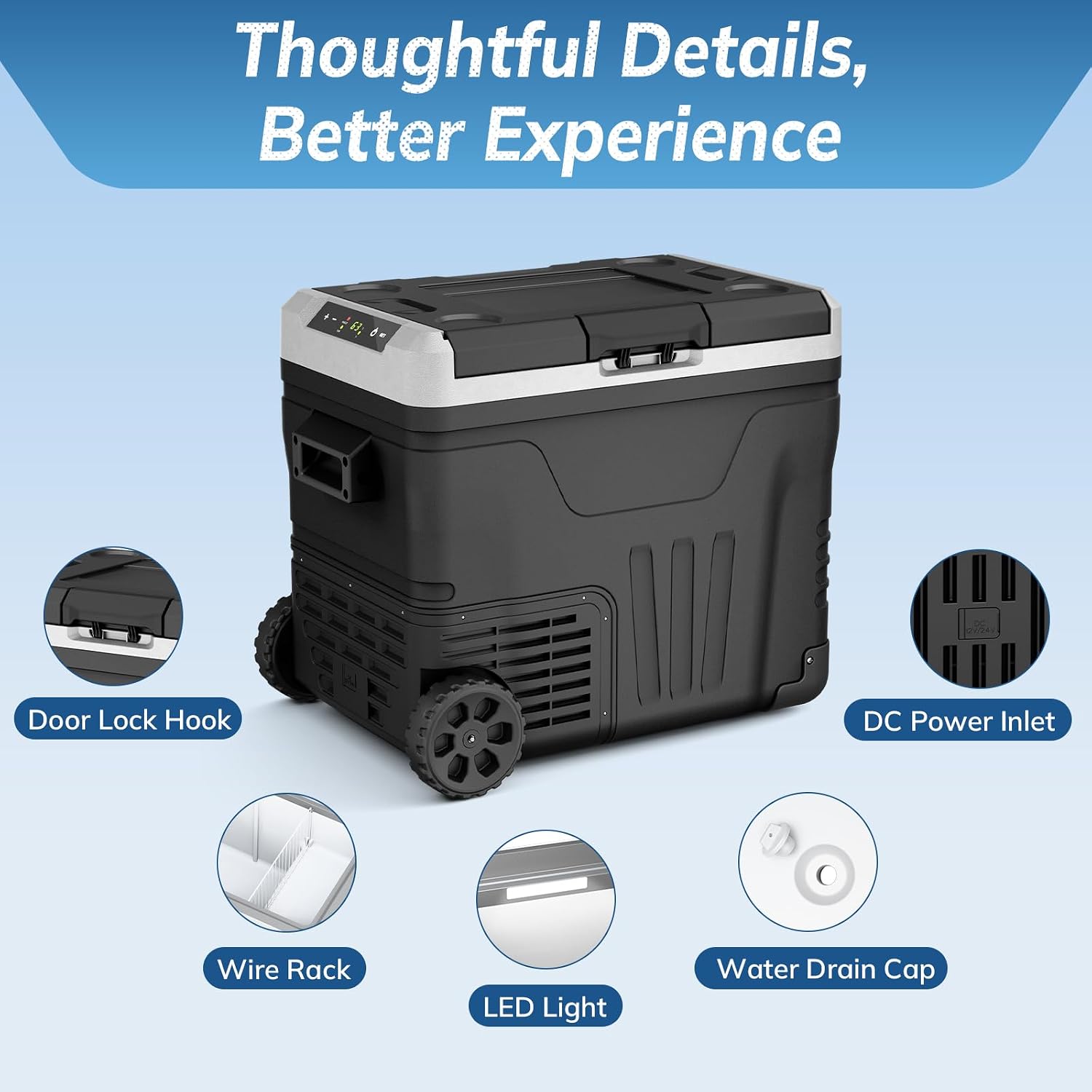 Antarctic Star 12 Volt Refrigerator,53QT(50L)Electric Cooler Compressor, Portable Refrigerator -4℉~68℉,Car Fridge 12/24V DC 100-240V AC,Portable Freezer with Wheels&2 Baskets for Camping,Travel,BLACK