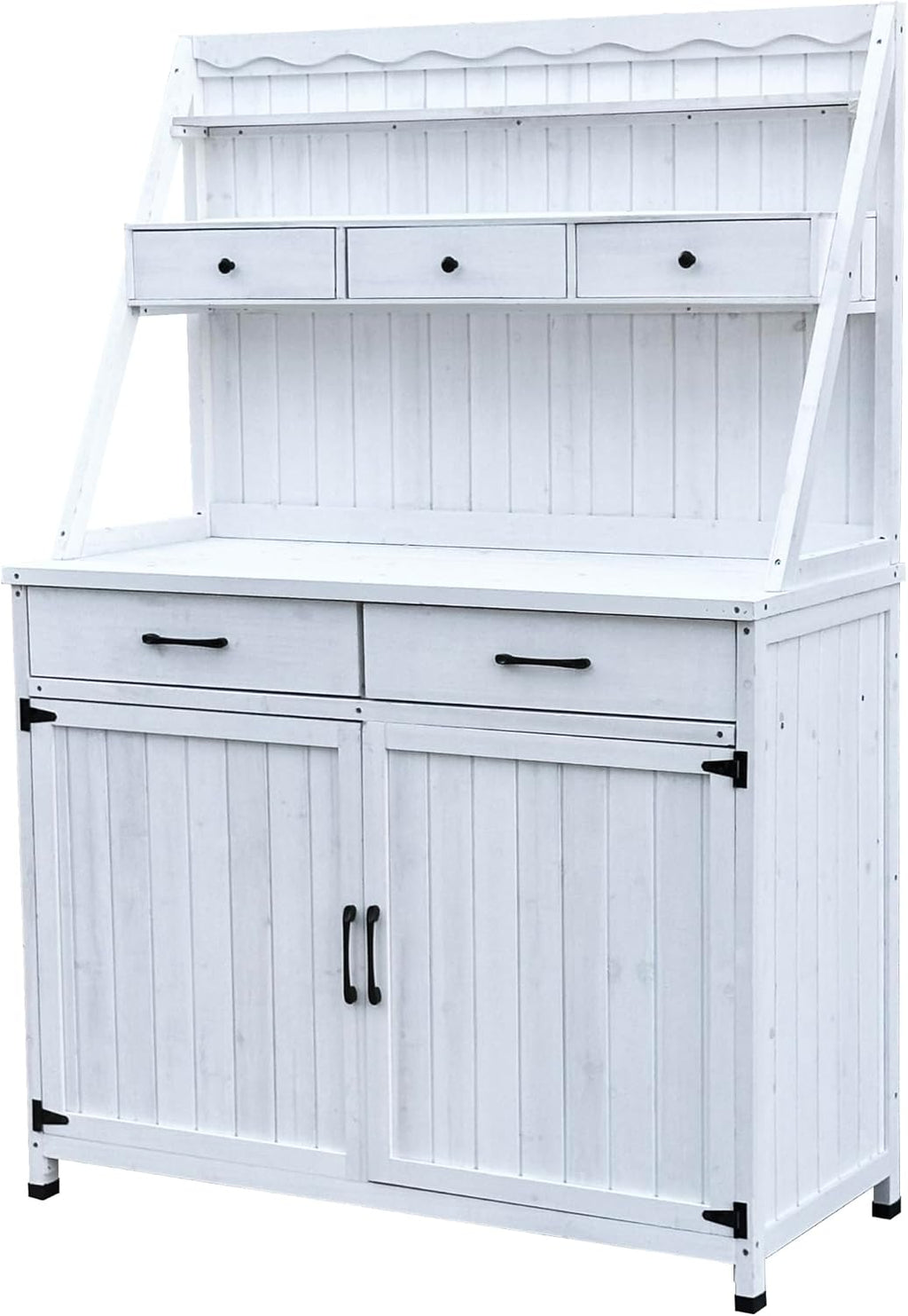 GDFStudio Farmhouse Outdoor Storage Bench Table with Cabinet, Fir Wood Potting Bench Plant Bench, Large Garden Storage Work Bench with Drawers Removable Shelf for Backyard Patio Greenhouse, White
