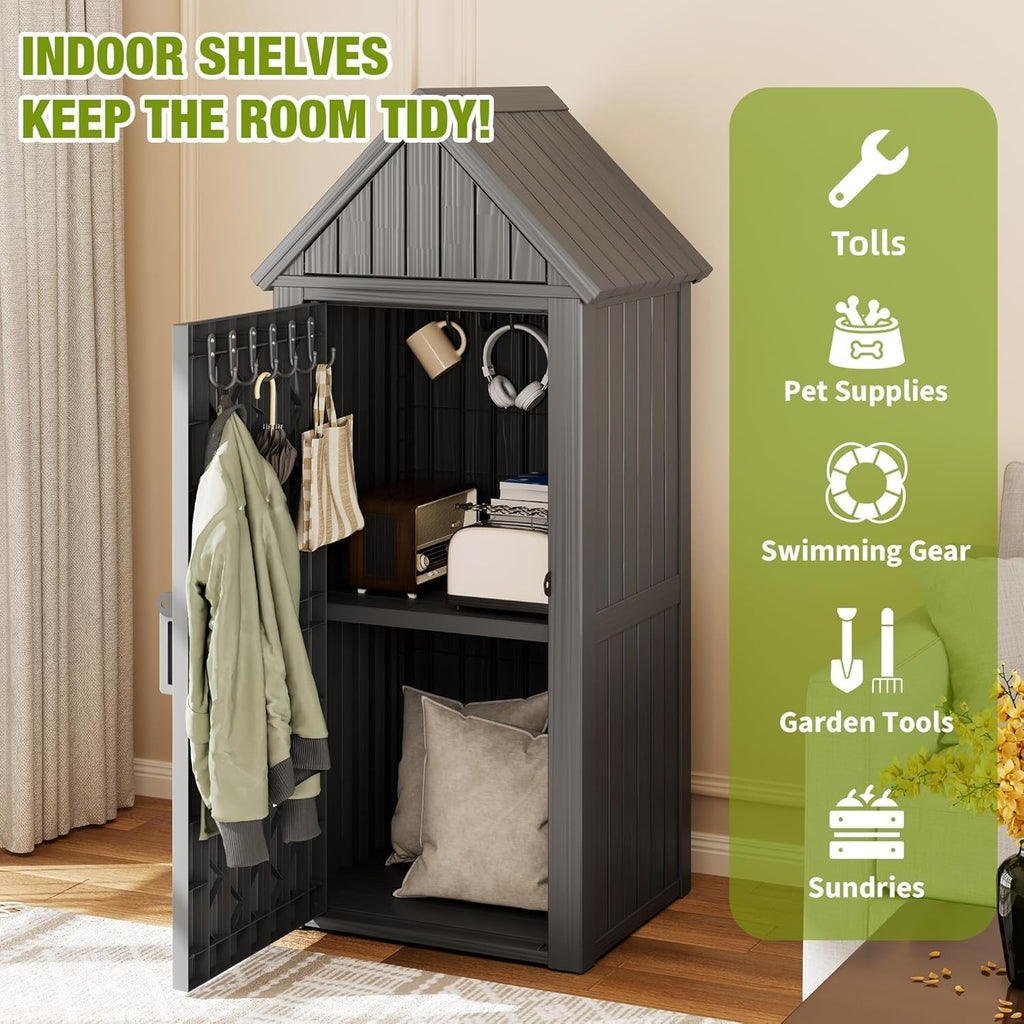Outdoor Storage Shed, Waterproof Storage Cabinet with Sloping Roof and Lockable Door, Resin Shed with Ample Space, Multiple Hooks for Backyard Patio, Garden, Lawn, Classic Grey