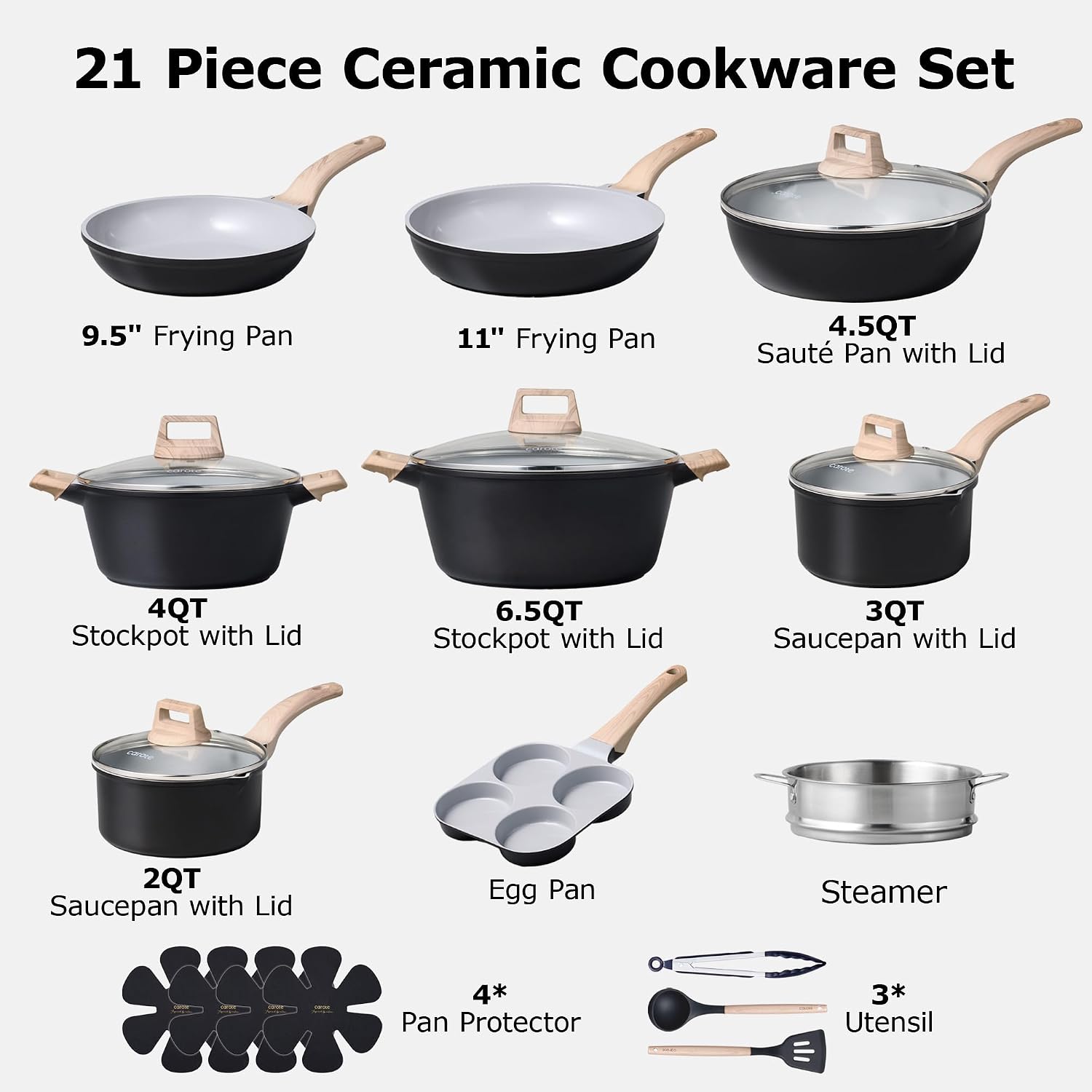 CAROTE 21pcs Pots and Pans Set Nonstick, Cookware Set Black Induction Kitchen Cooking Set w/Frying Pans & Saucepans(PFOS, PFOA Free)