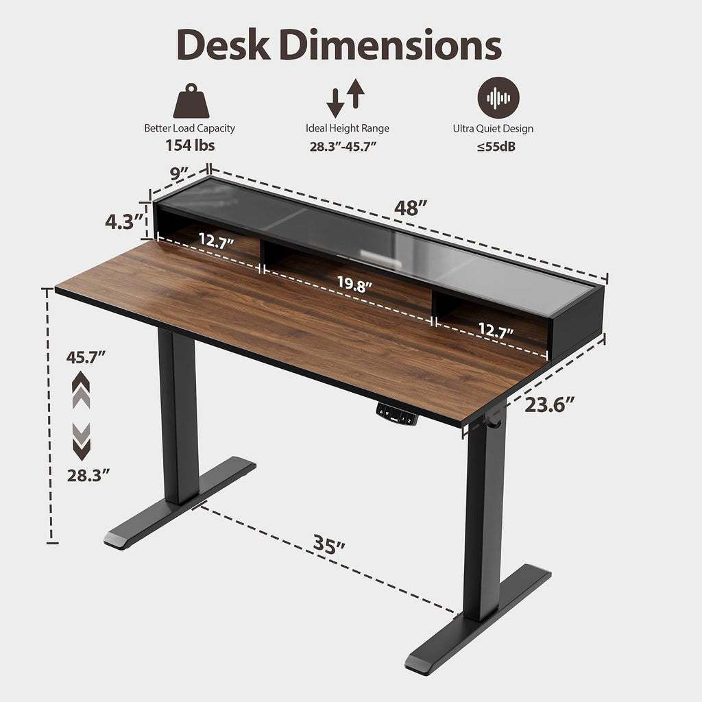 Agilestic 48 x 24 Inches Electric Standing Desk with Storage, Adjustable Height Sit and Stand Computer Table with Glass Shelf, Splice Board, Dark Walnut