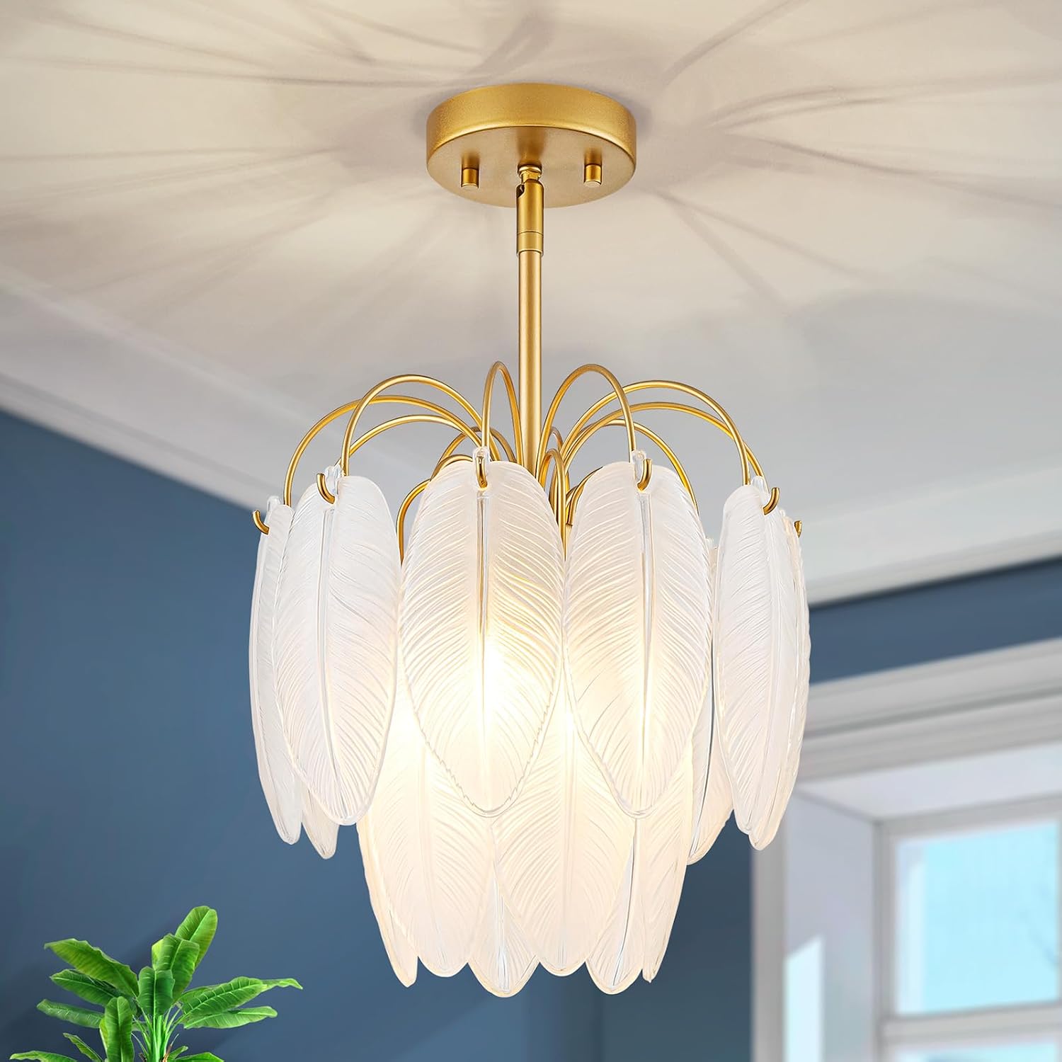 LumFurn D12in Glass Chandeliers, 3-Light Modern Pendant Light Fixture for Kitchen, Dining Room, Living Room, D12x18~47in Adjustable Height, Frosted Glass Feather Shade & Gold Finish Frame