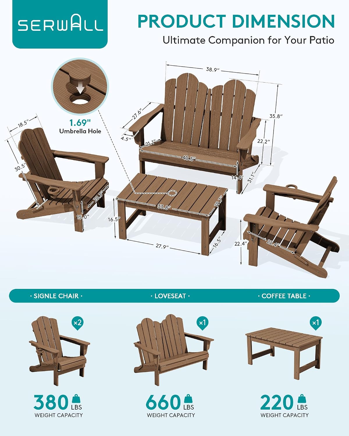 SERWALL 4 Pieces HDPE Patio Adirondack Chair Set, 2 Adirondack Chair with Cup Holder & 1 Adirondack Bench & 1 Coffee Table with Umbrella Hole, Brown