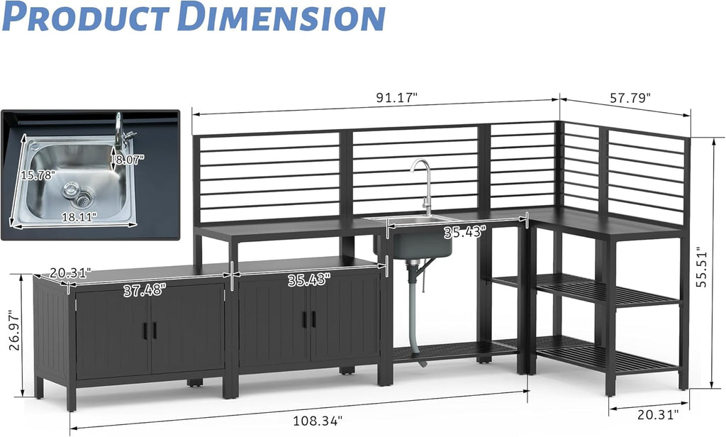 Domi 5-Piece Outdoor Kitchen Island with Storage, Aluminum Kitchen Islands Stainless Steel Sink w/Faucet, Corner Bar Storage Cabinet, Outdoor Kitchen with Protective Cover for Deck, Patio