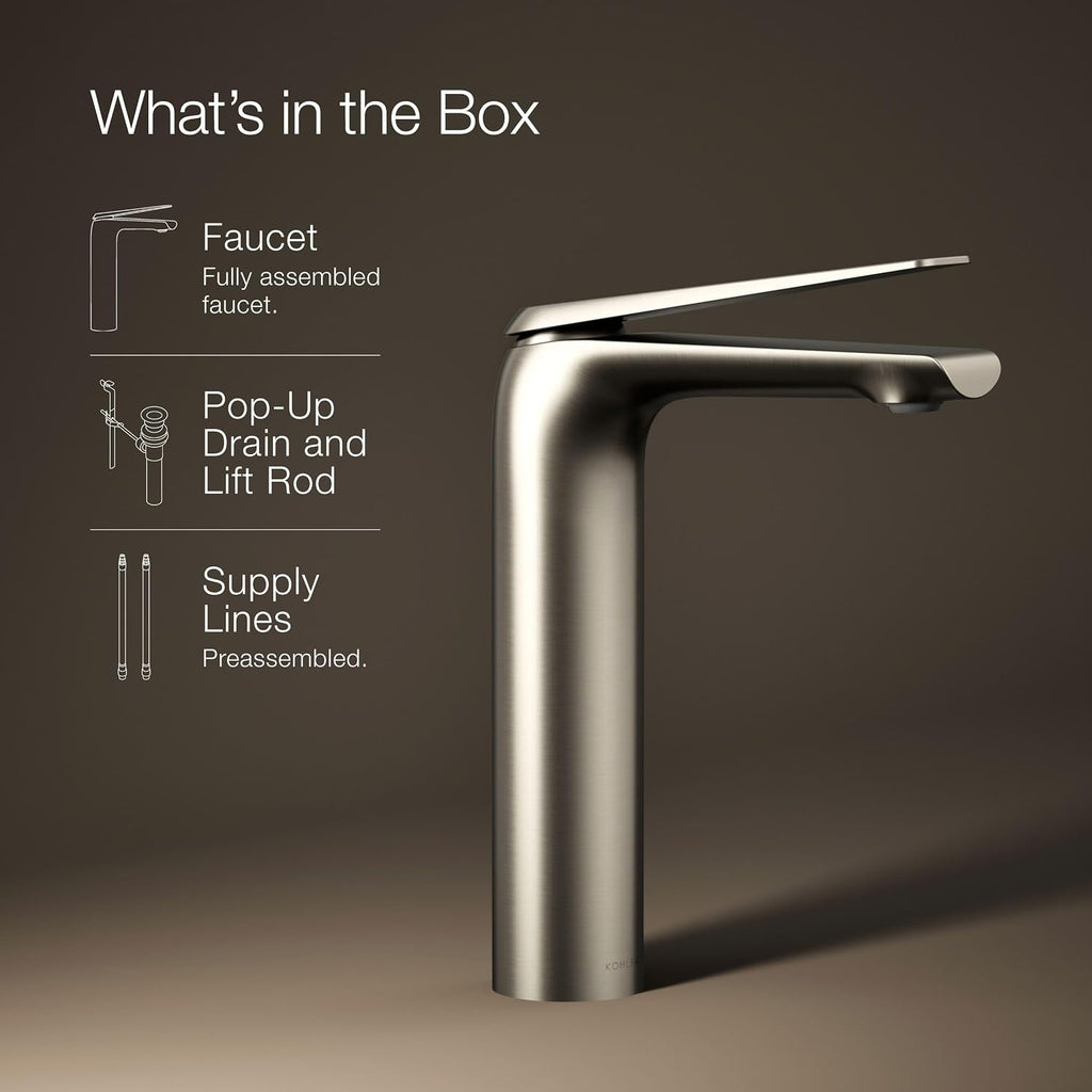 Kohler 97347-4-BN Avid® Tall Single-Handle Bathroom Sink Faucet, 1.2 gpm, Vibrant Brushed Nickel