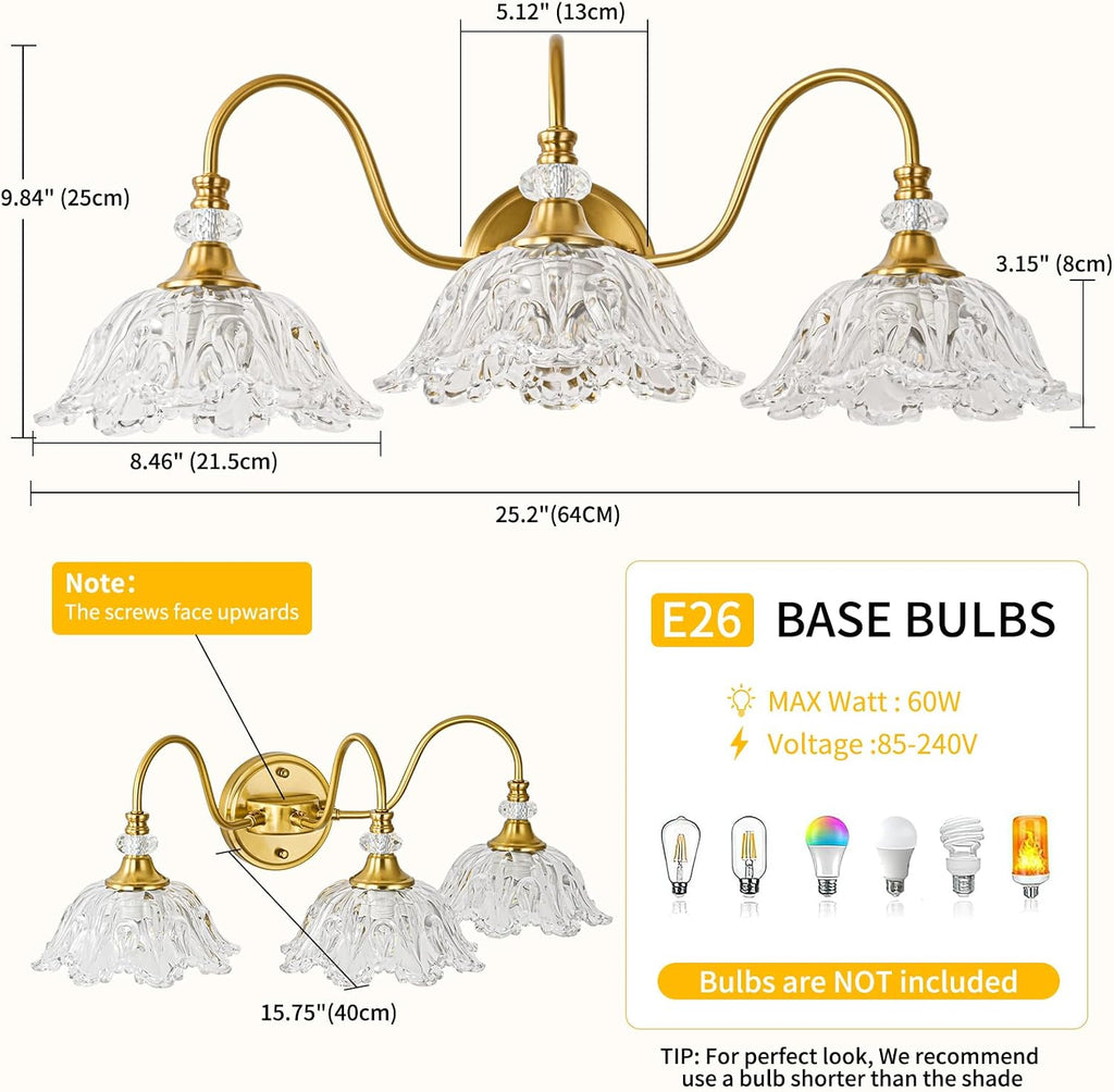 Gold Bathroom Vanity Light, 3-Light Brushed Gold Finish Vanity Light with Floral Clear Glass Shades, Retro Wall Mount Lighting for Bathroom, Dressing Table
