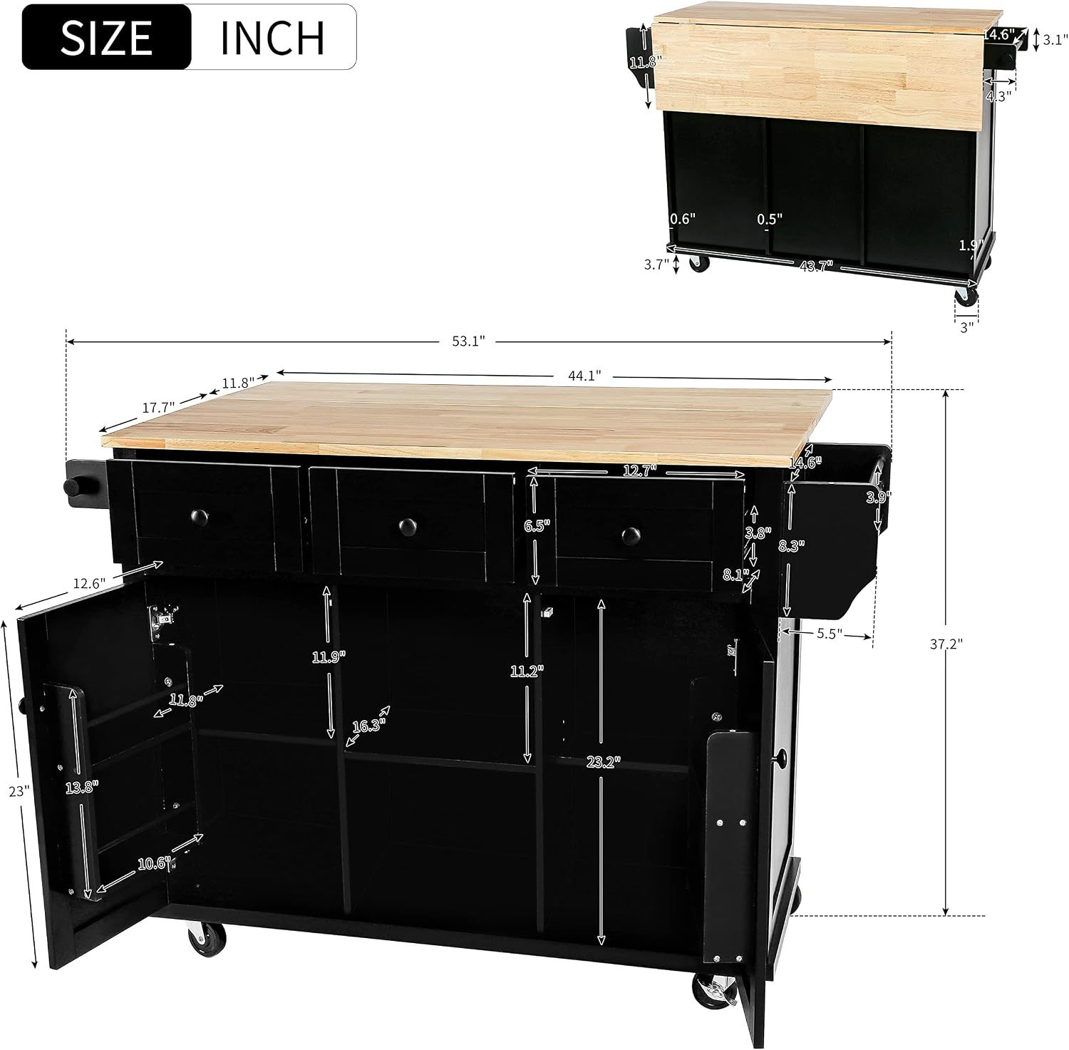 Kitchen Cart with Rubber Wood Drop-Leaf Countertop,Cabinet Door Internal Storage Racks,Kitchen Island on 5 Wheels with Storage Cabinet and 3 Drawers for Dinning Room, Black
