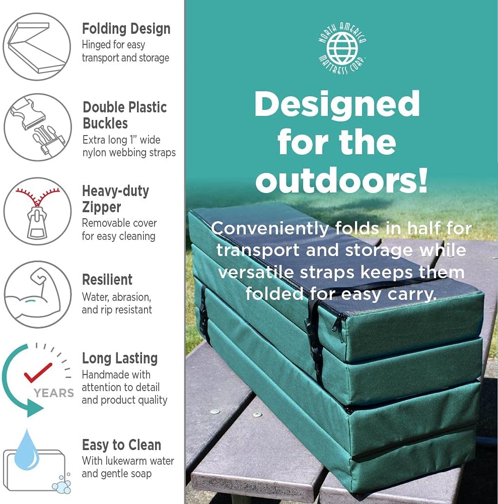 North American Mattress 6' Outdoor Picnic Bench Seat Cushion - 2 Piece Set; 72' (6ft) x 10' x 3'; Gray - Folding & Easy to Carry