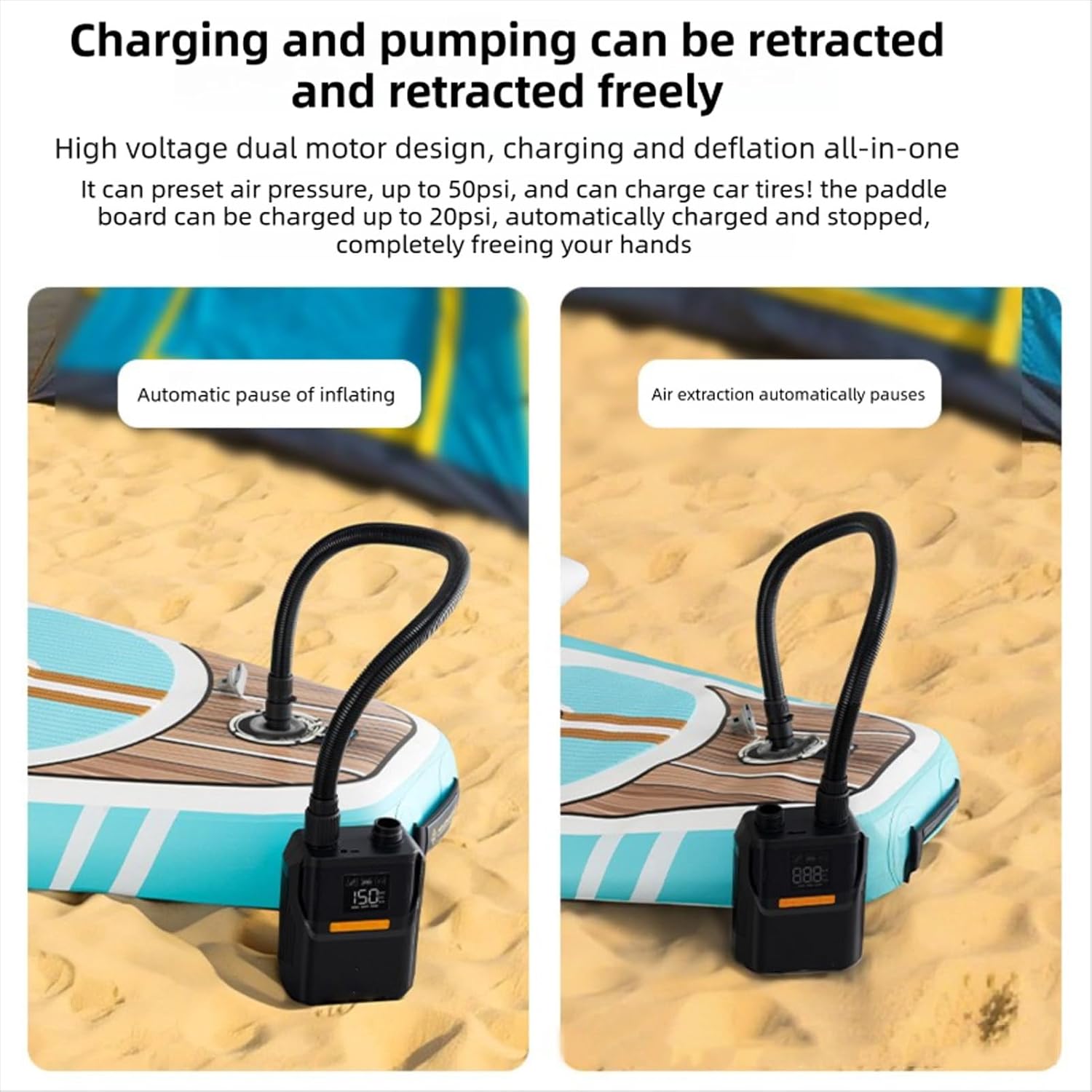 YWBL-WH Electric Paddle Board Pump, 50 PSI Auto Off LED Display Battery and Car Power Options with 118in Car Charging Cord, for Inflatable Paddle Boards Tires Tents Kayaks